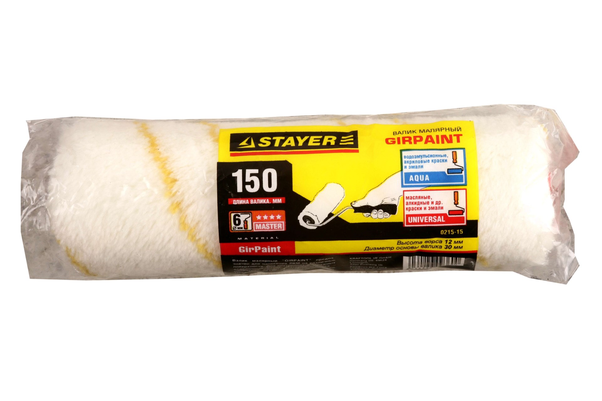 STAYER GIRPAINT, 30 х 150 мм, бюгель 6 мм, ворс 10 мм, полиакрил, все виды ЛКМ, малярный ролик (0215-15) — фото 2