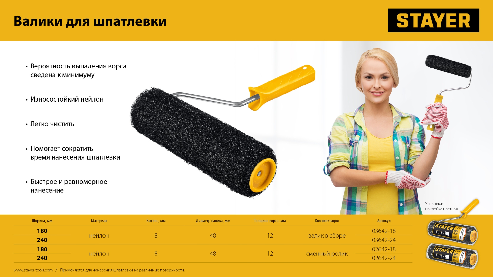 STAYER PUTTY 80 мм, 180 мм, 8 мм ручка, валик для шпатлевки, PROFESSIONAL (03642-18) — фото 8