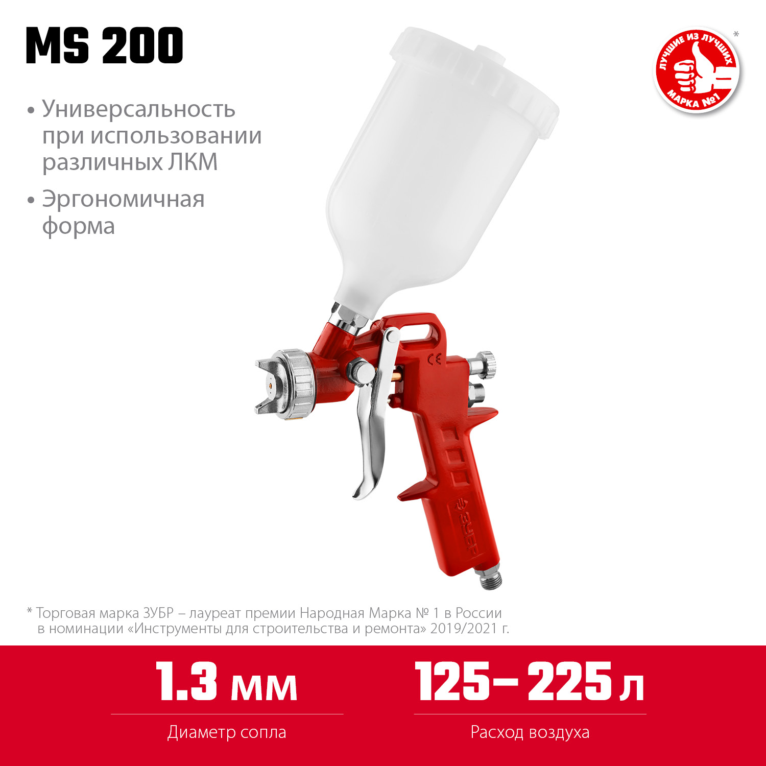 ЗУБР MS 200, 1.3 мм, пневматический краскопульт с верхним бачком (06455-1.3) — фото 3