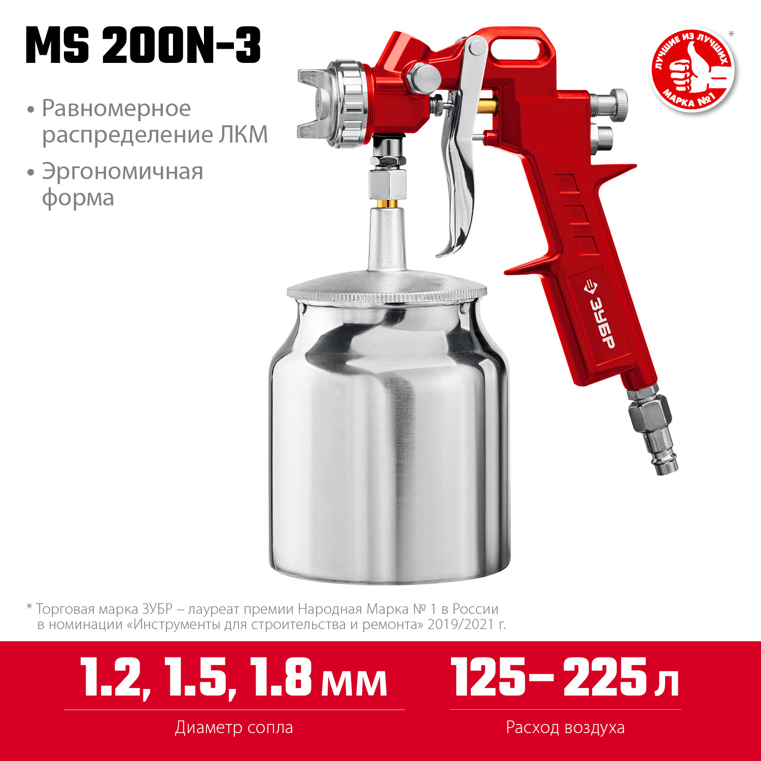 ЗУБР MS 200N-3, 1.2, 1.5, 1.8 мм, пневматический краскопульт с нижним бачком (06457) — фото 3