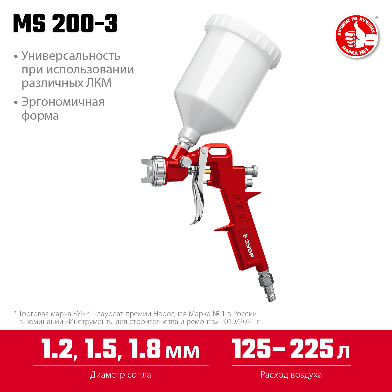 ЗУБР MS 200-3, 1.2, 1.5, 1.8 мм, пневматический краскопульт с верхним бачком (06458) — фото 3
