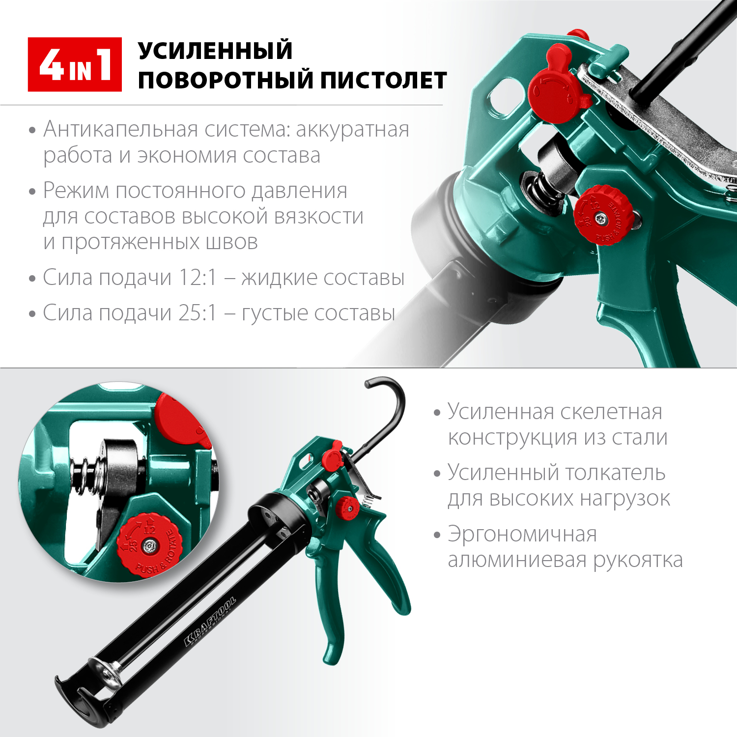 KRAFTOOL EXPERT 4-in-1 310 мл, антикапельная система, регулировка силы давления, усиленный скелетный поворотный пистолет для герметика (06675) — фото 3