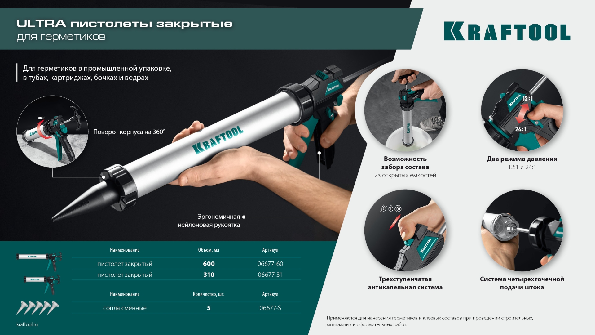 KRAFTOOL ULTRA 600 мл, прямой забор, регулировка силы давления, вариативная антикапельная система, закрытый пистолет для герметика (06677-60) — фото 17