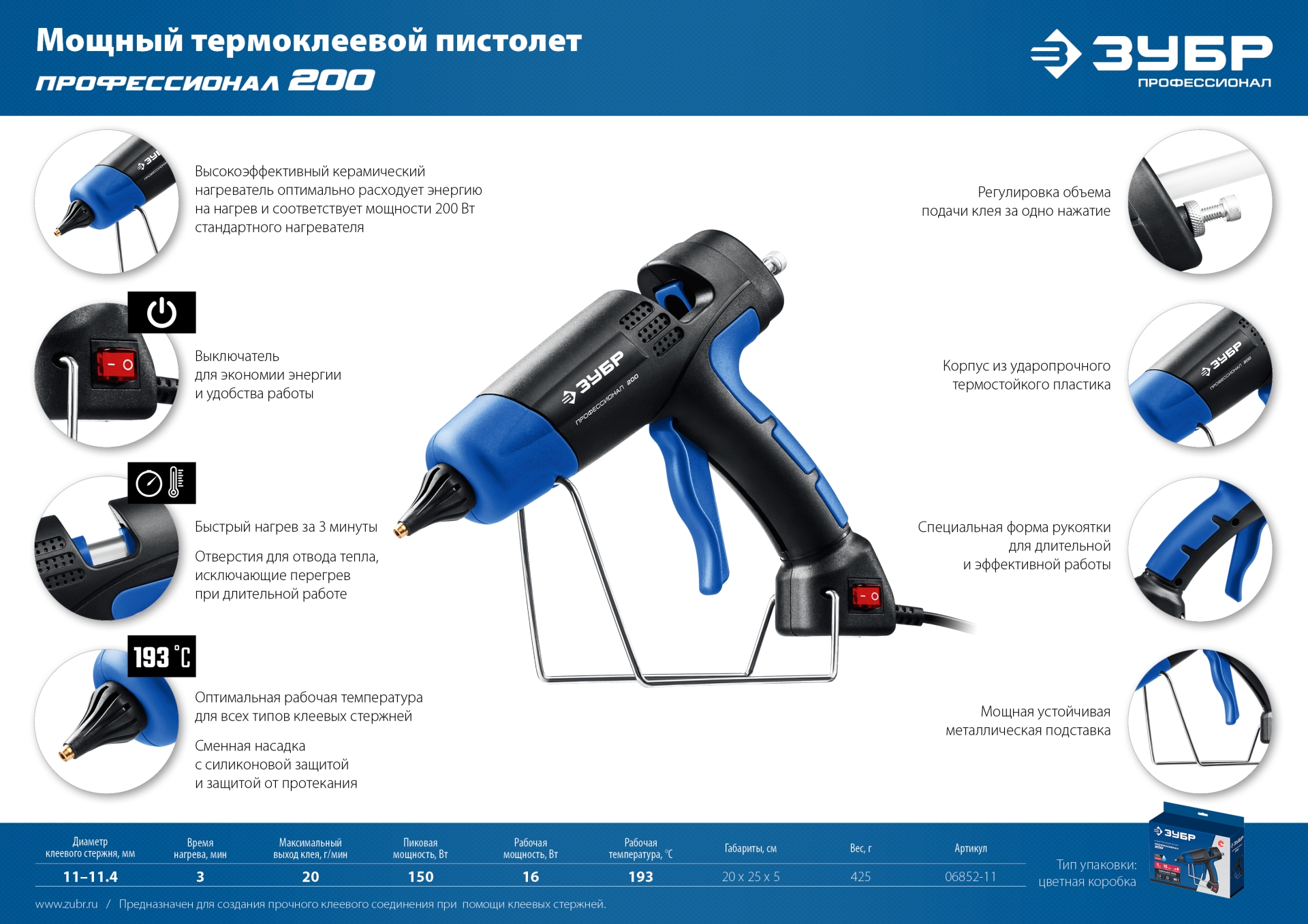 ЗУБР 200, d 11 мм, 20 г/мин, электрический термоклеевой пистолет, Профессионал (06852-11) — фото 15