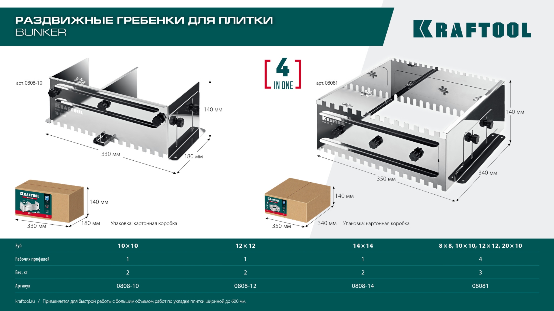 KRAFTOOL BUNKER зуб 14*14 мм, до 600 мм, нерж. сталь, Раздвижная гребенка для плитки (0808-14) — фото 10