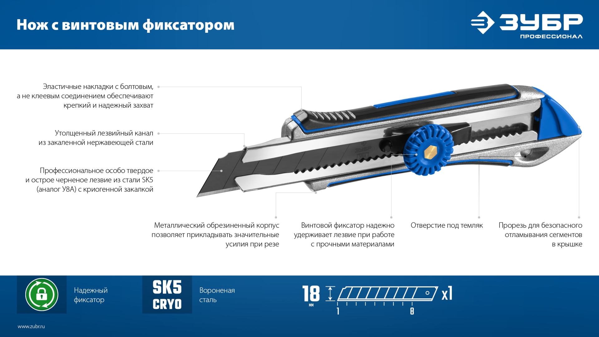 ЗУБР Титан-В, 18 мм, металлический обрезиненный нож с винтовым фиксатором, Профессионал (09174) — фото 11