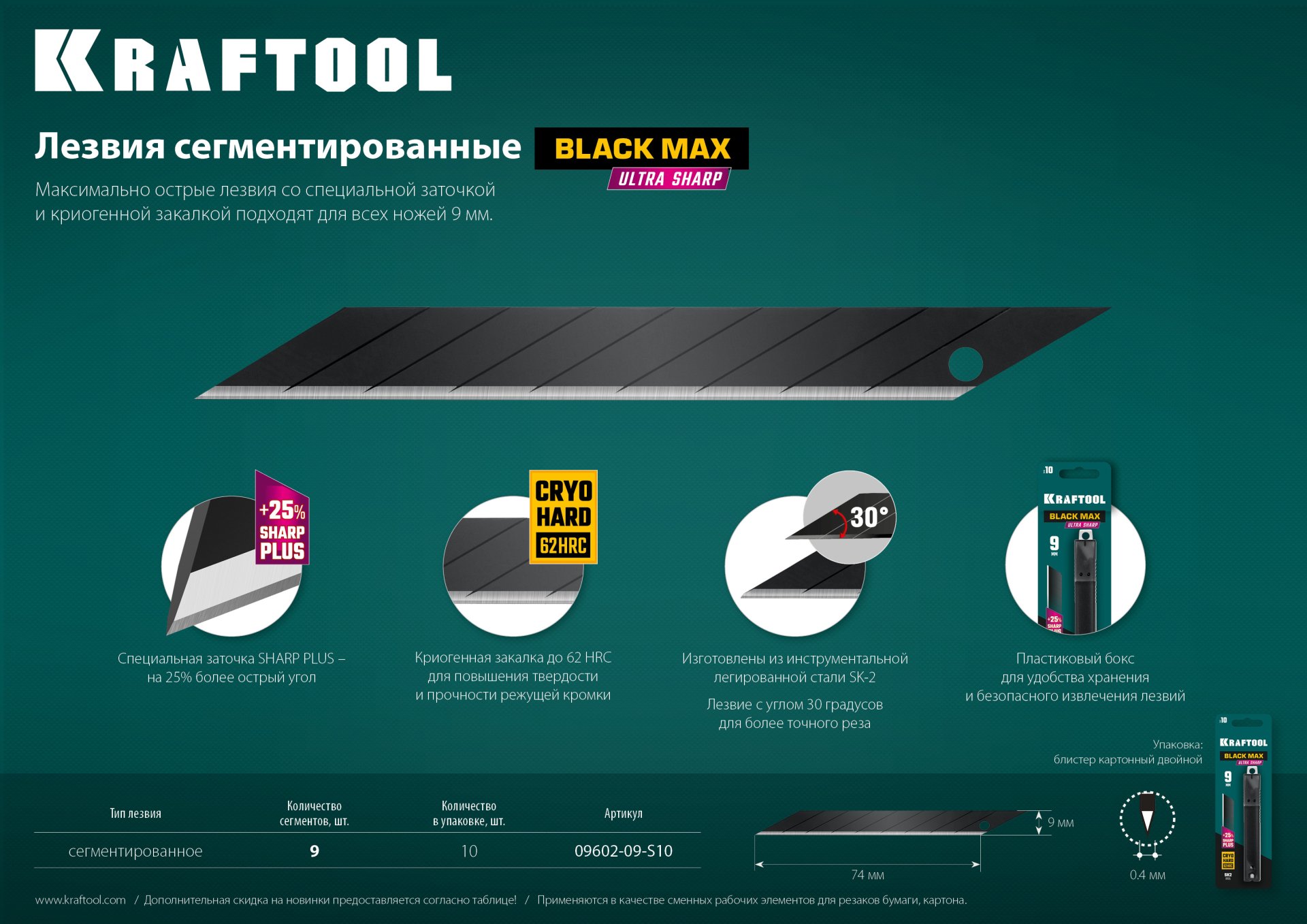KRAFTOOL 9 мм, 10 шт, сегментированные лезвия (09602-09-S10) — фото 4