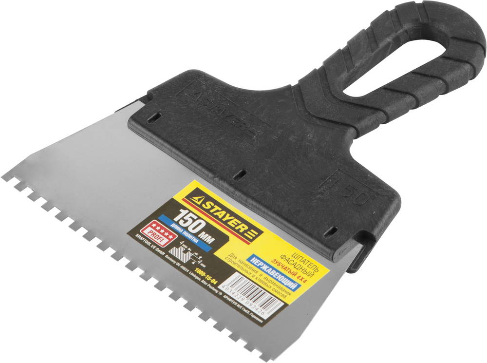 STAYER PROFlat, 150 мм, зуб 4 х 4 мм, пластиковая ручка, зубчатый, нержавеющий фасадный шпатель, Professional (1009-15-04)