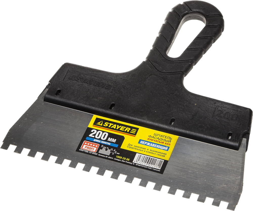 STAYER PROFlat, 200 мм, зуб 6 х 6 мм, пластиковая ручка, зубчатый, нержавеющий фасадный шпатель, Professional (1009-20-06)