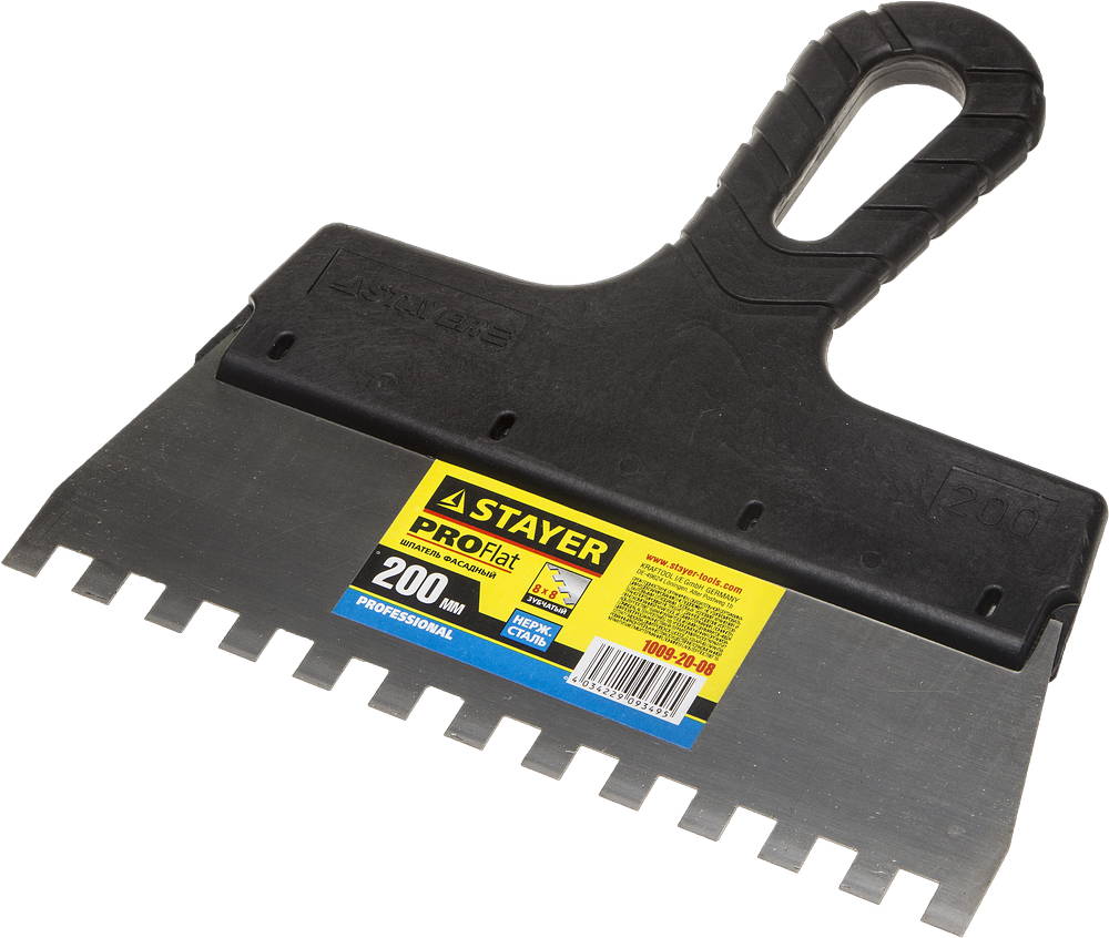 STAYER PROFlat, 200 мм, зуб 8 х 8 мм, пластиковая ручка, зубчатый, нержавеющий фасадный шпатель, Professional (1009-20-08)