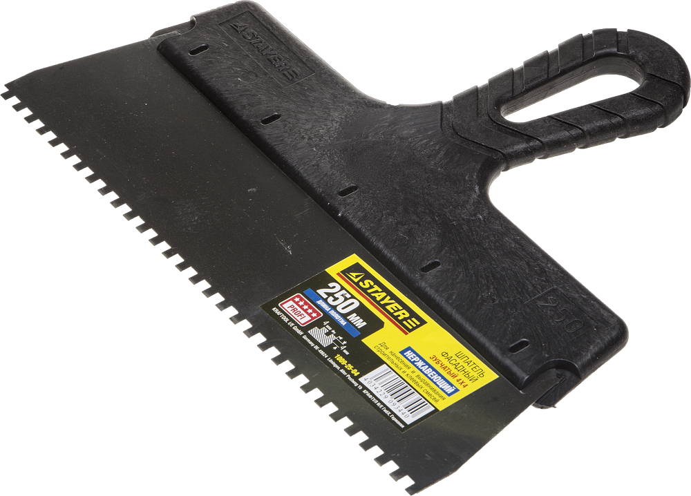 STAYER PROFlat, 250 мм, зуб 4 х 4 мм, пластиковая ручка, зубчатый, нержавеющий фасадный шпатель, Professional (1009-25-04)