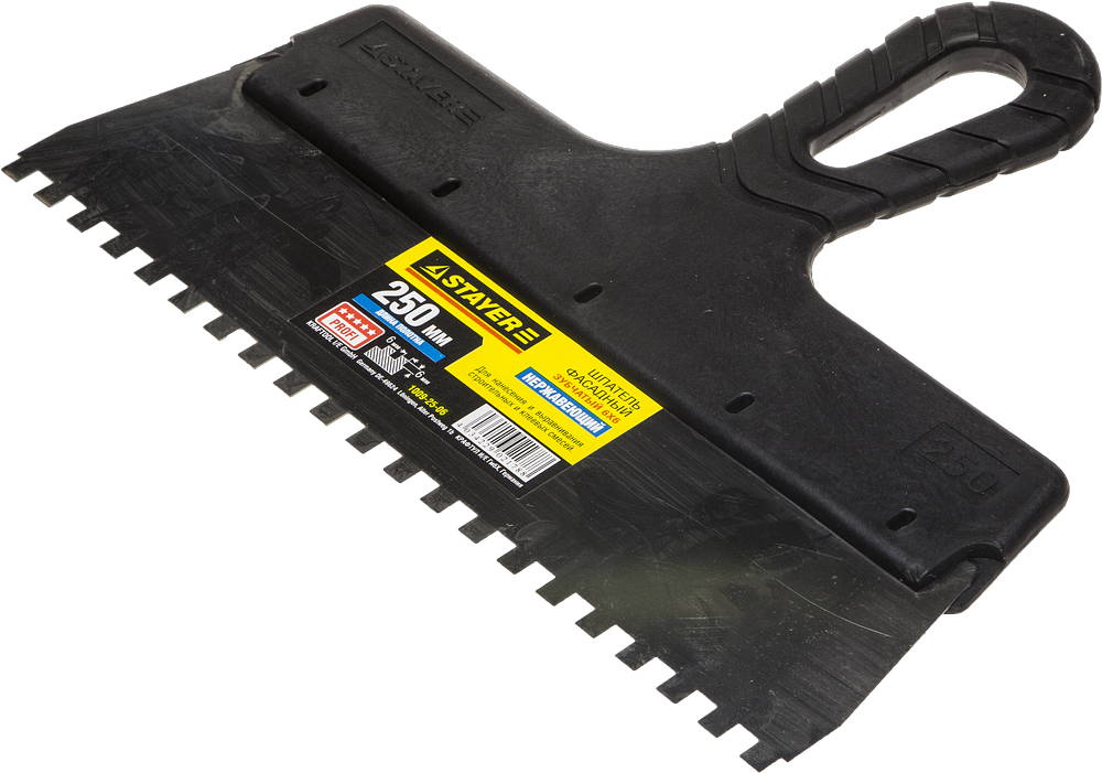 STAYER PROFlat, 250 мм, зуб 6 х 6 мм, пластиковая ручка, зубчатый, нержавеющий фасадный шпатель, Professional (1009-25-06)