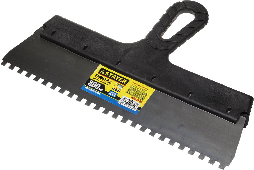 STAYER PROFlat, 300 мм, зуб 6 х 6 мм, пластиковая ручка, зубчатый, нержавеющий фасадный шпатель, Professional (1009-30-06)