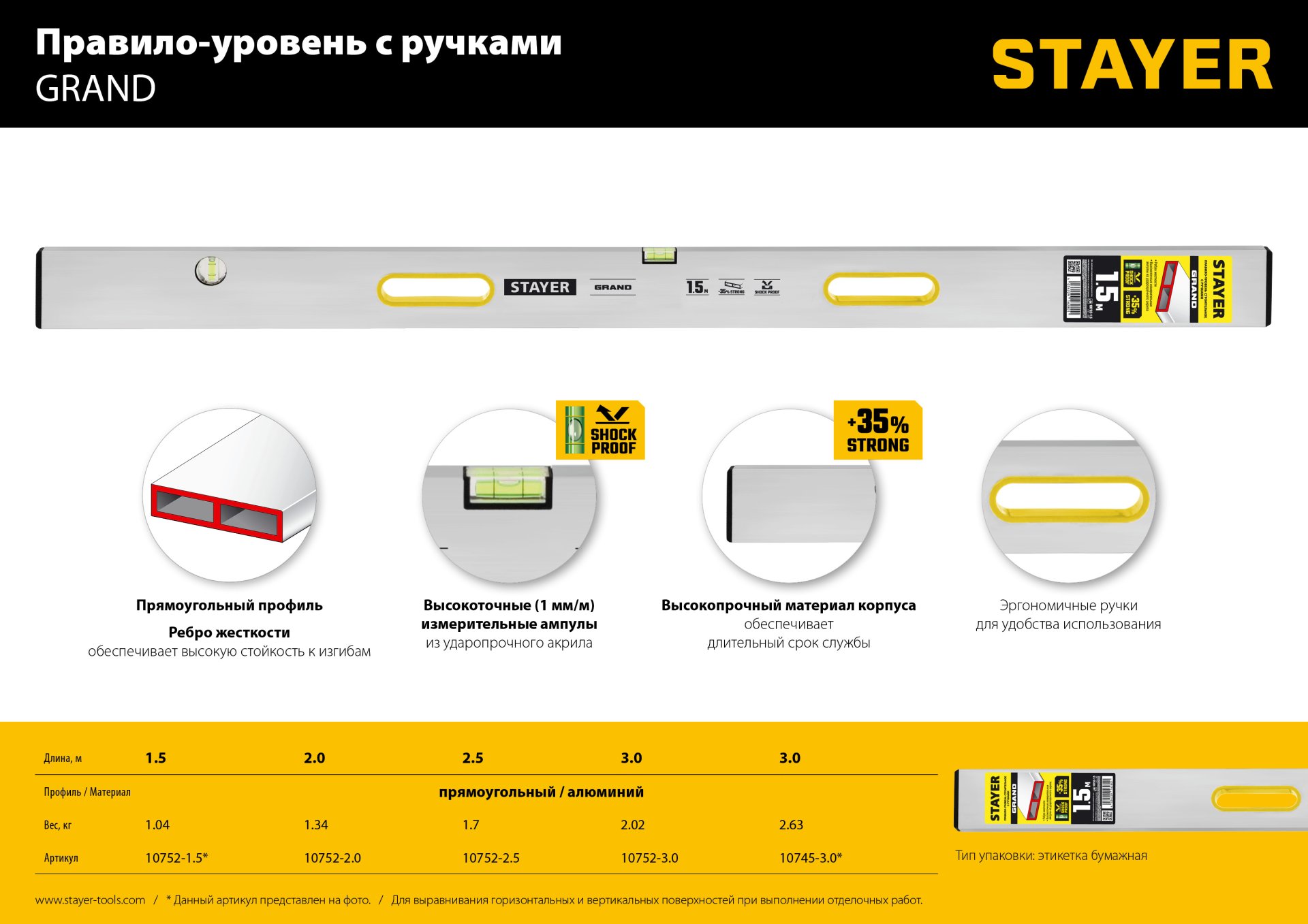STAYER GRAND 1.5 м, точность 1 мм/м, 2 глазка, Правило с уровнем и ручками, (10752-1.5) — фото 7