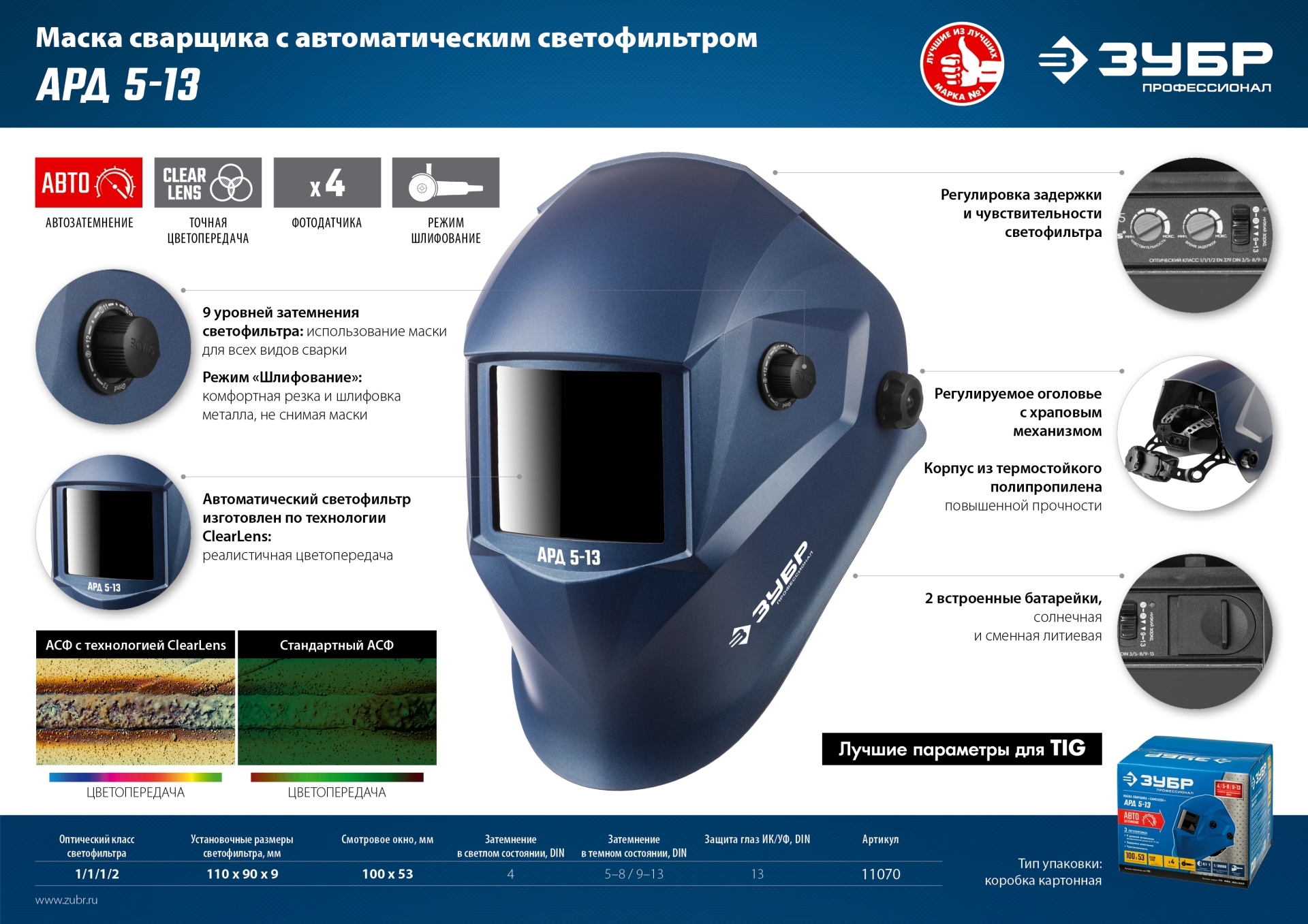 ЗУБР АРД 5-13, хамелеон, затемнение 4/5-8/9-13, маска сварщика, Профессионал (11070) — фото 11