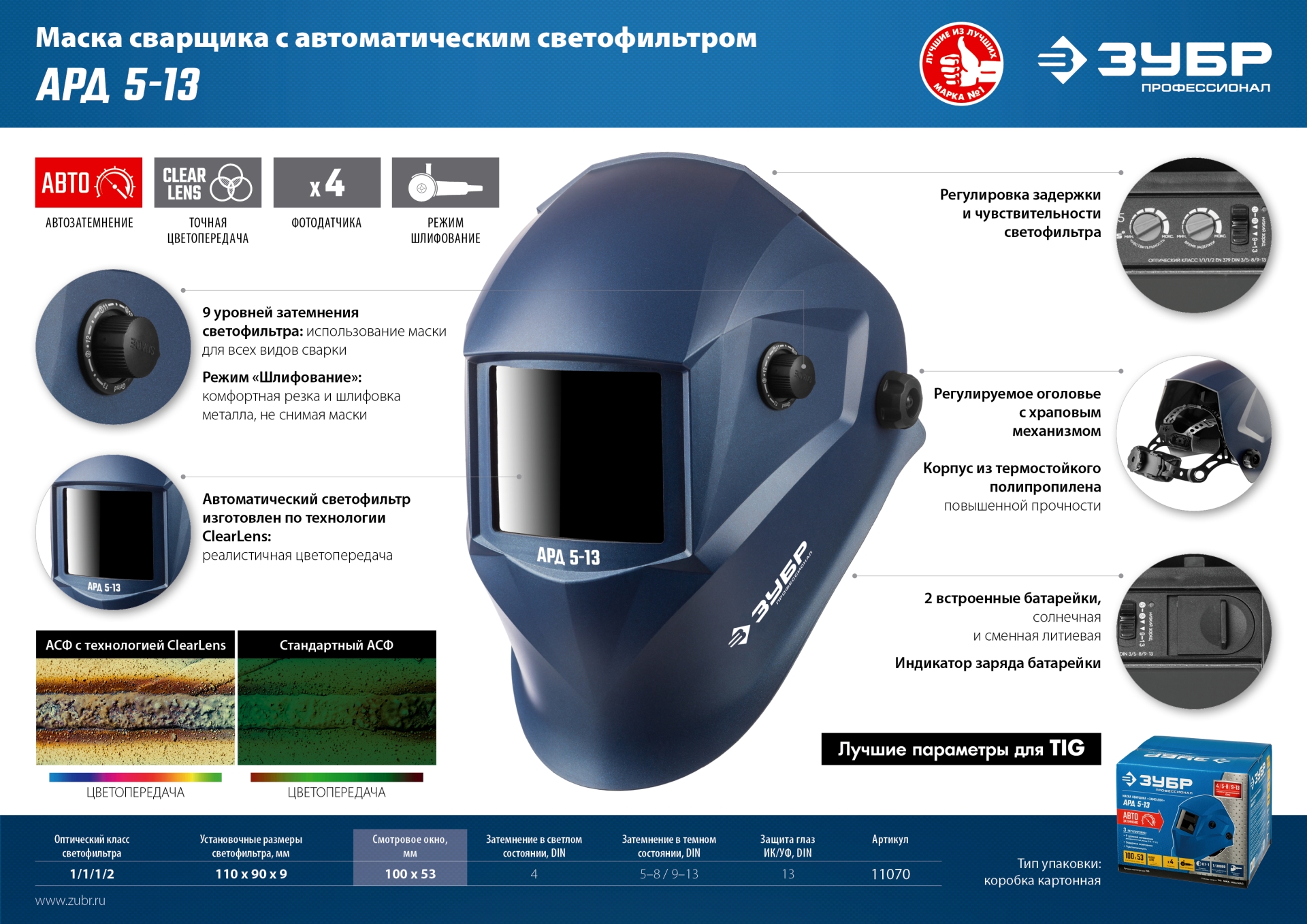 ЗУБР АРД 5-13, хамелеон, затемнение 4/5-8/9-13, маска сварщика, Профессионал (11070) — фото 12