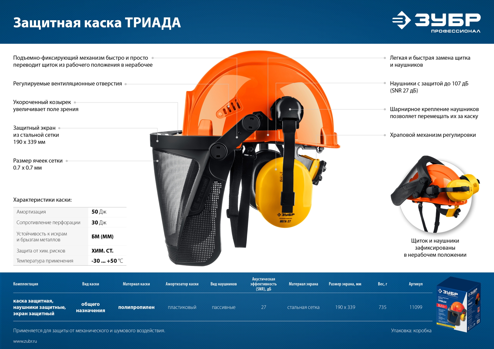 ЗУБР ТРИАДА, защитная каска в комплекте с наушниками и защитным сетчатым экраном, Профессионал (11099) — фото 12