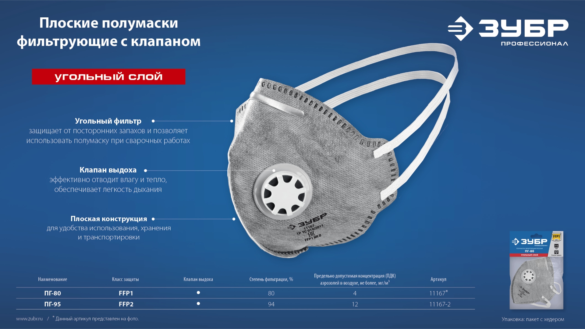 ЗУБР ПГ-95, класс защиты FFP2, плоская, с угольным слоем, фильтрующая полумаска с клапаном выдоха, Профессионал (11167-2) — фото 7