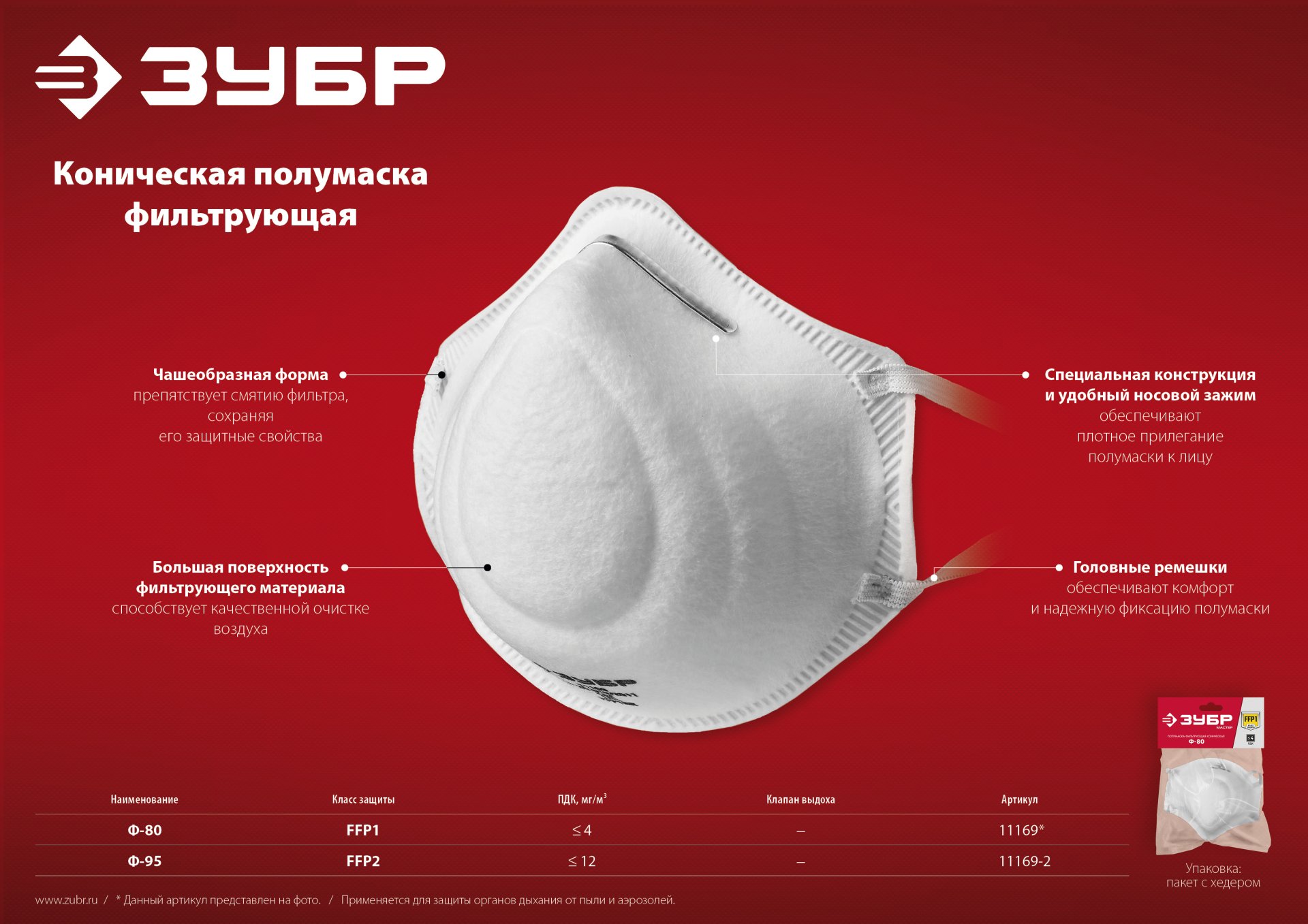 ЗУБР Ф-80, класс защиты FFP1, коническая, фильтрующая полумаска (11169) — фото 8