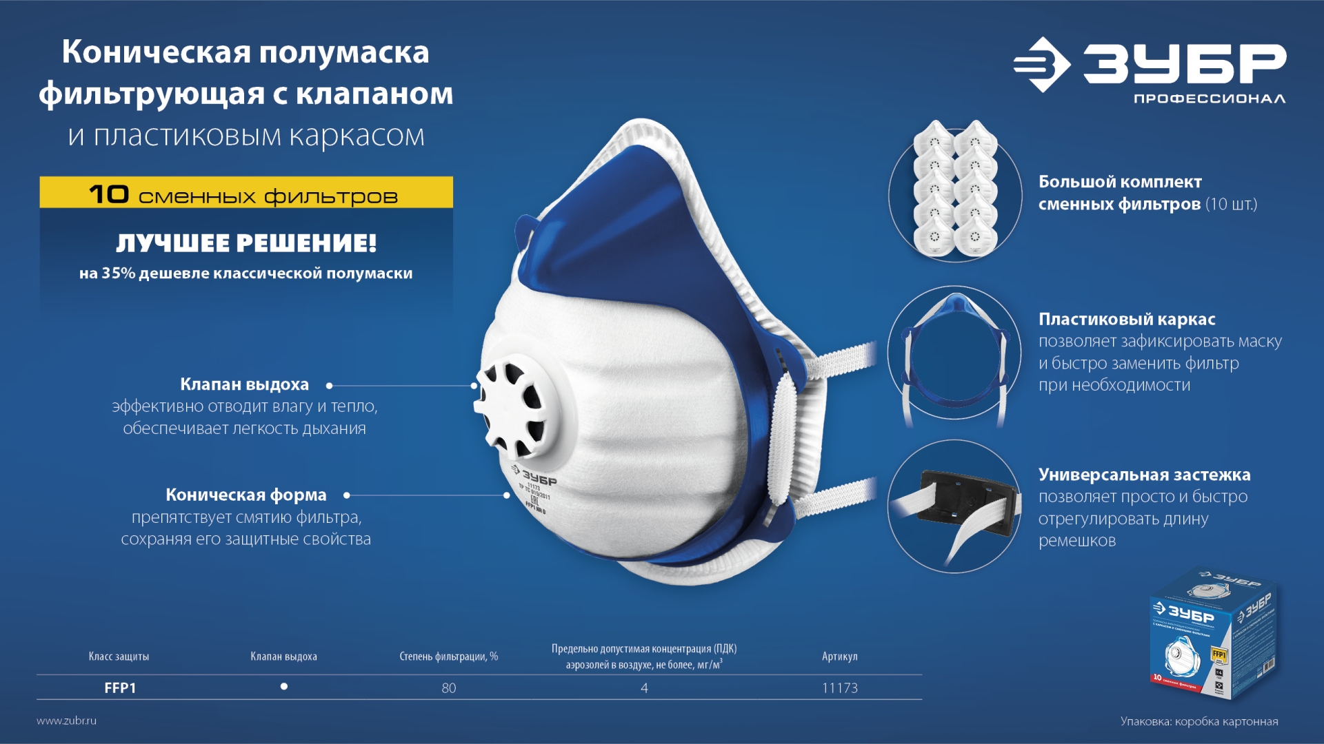 ЗУБР коническая, класс защиты FFP1, с клапаном выдоха, пластиковый каркас, с 10-ю сменными фильтрами, фильтрующая полумаска (11173) — фото 9