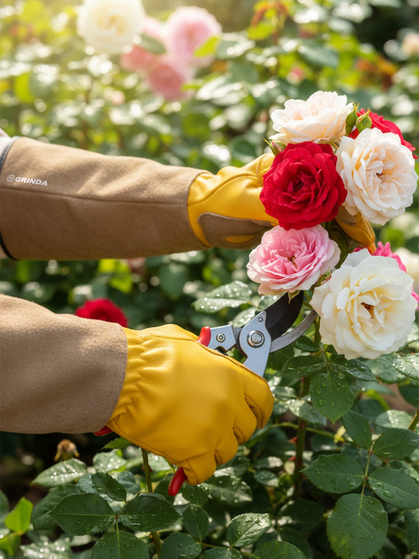 GRINDA ROSE, M (8), кожаные садовые перчатки для колючих кустарников с увеличенной крагой, усиленная ладонь и кончики пальцев, PRO Line (11303-M) — фото 2