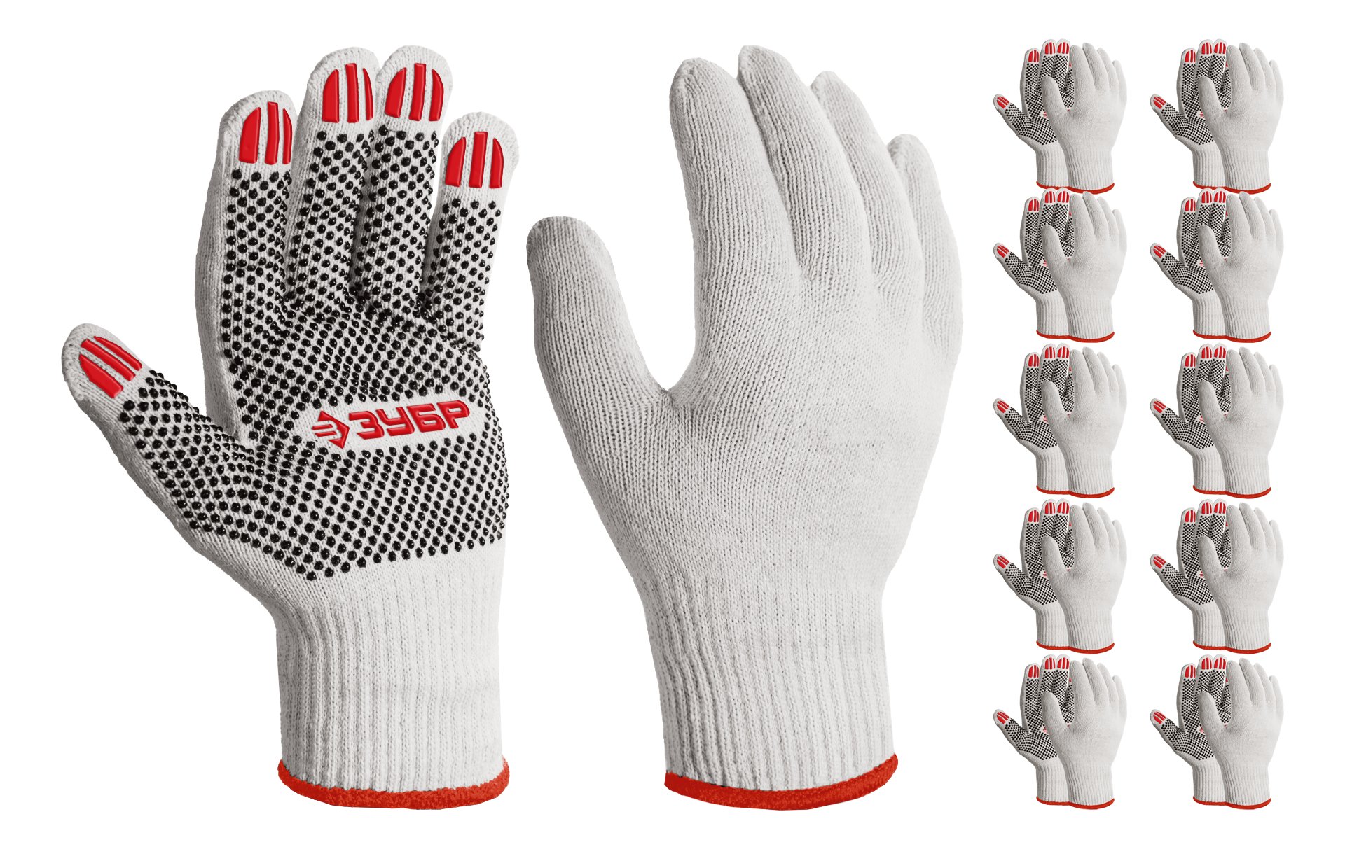 ЗУБР ОПТИМА, М (8), х/б перчатки с ПВХ покрытием (точка), 10 класс, 10 пар (11440-М10)