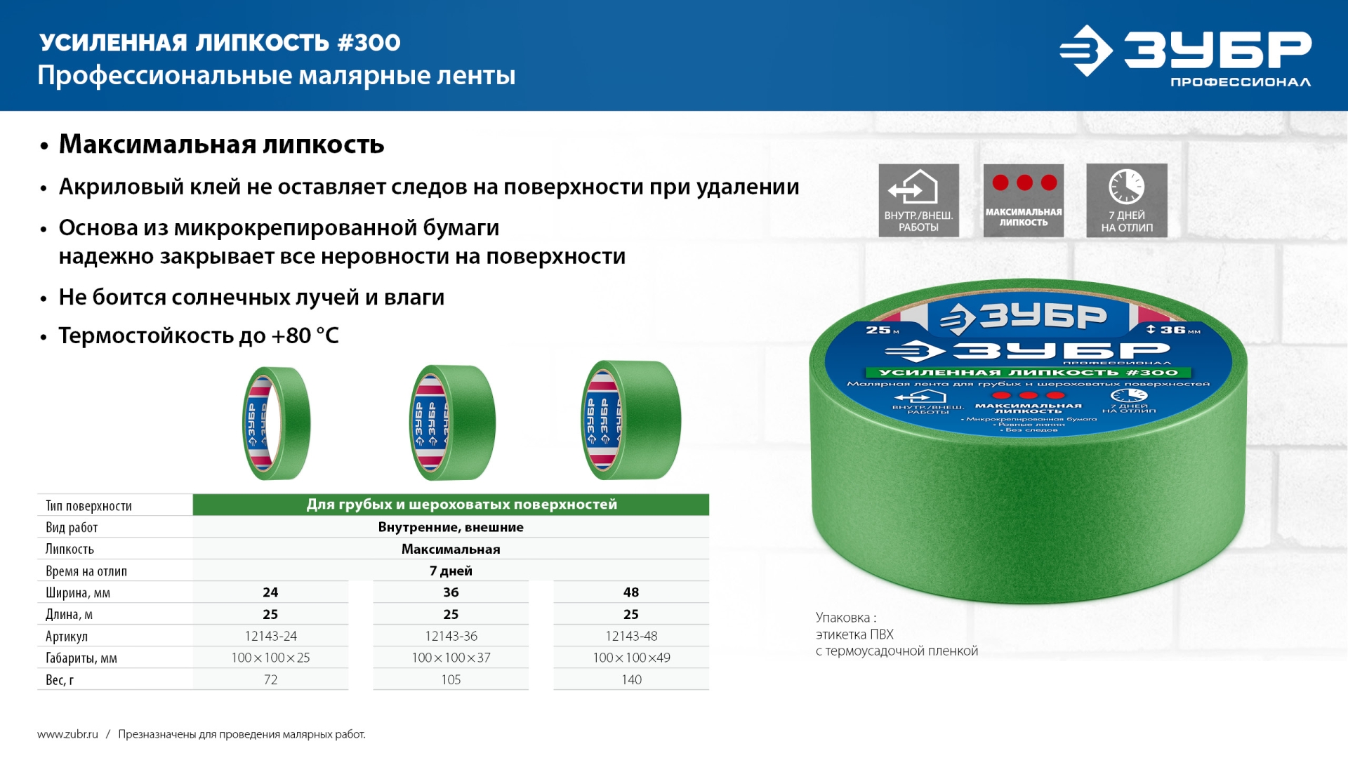 ЗУБР №300 48 мм х 25 м, для грубых и шероховатых поверхностей, малярная лента, Профессионал (12143-48) — фото 8