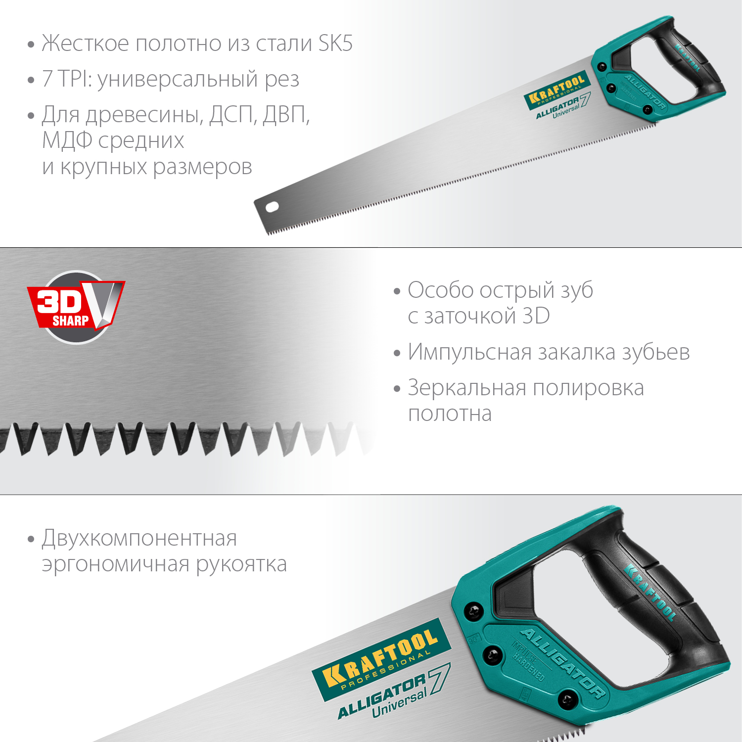 KRAFTOOL Alligator Universal 7, 550 мм, 7 TPI, 3D зуб, универсальная ножовка (15004-55) — фото 2