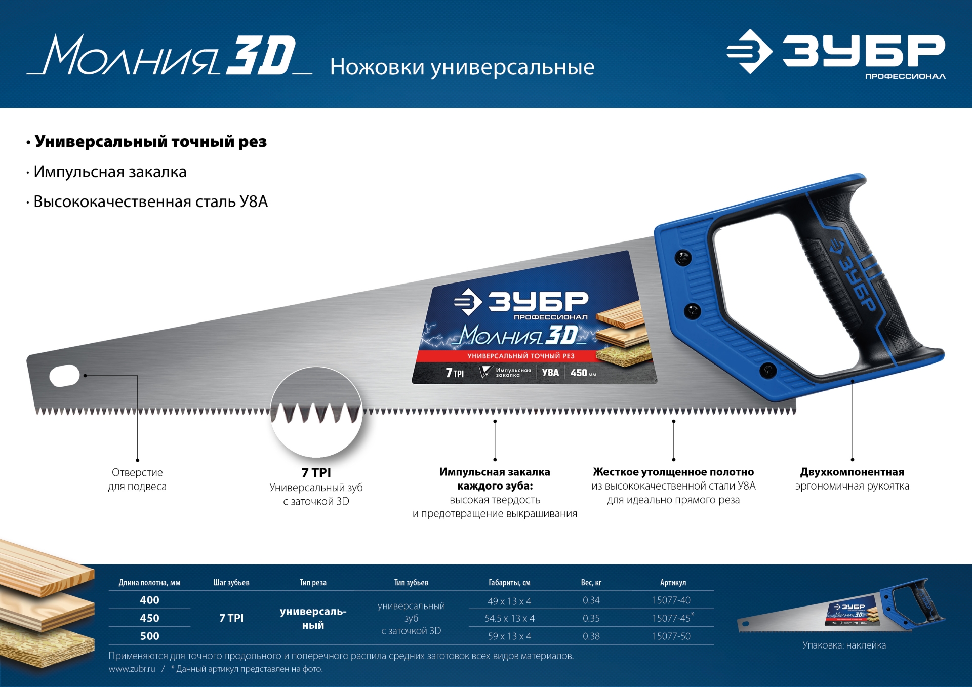 ЗУБР Молния-3D, 400 мм, 7TPI, универсальная ножовка, Профессионал (15077-40) — фото 8