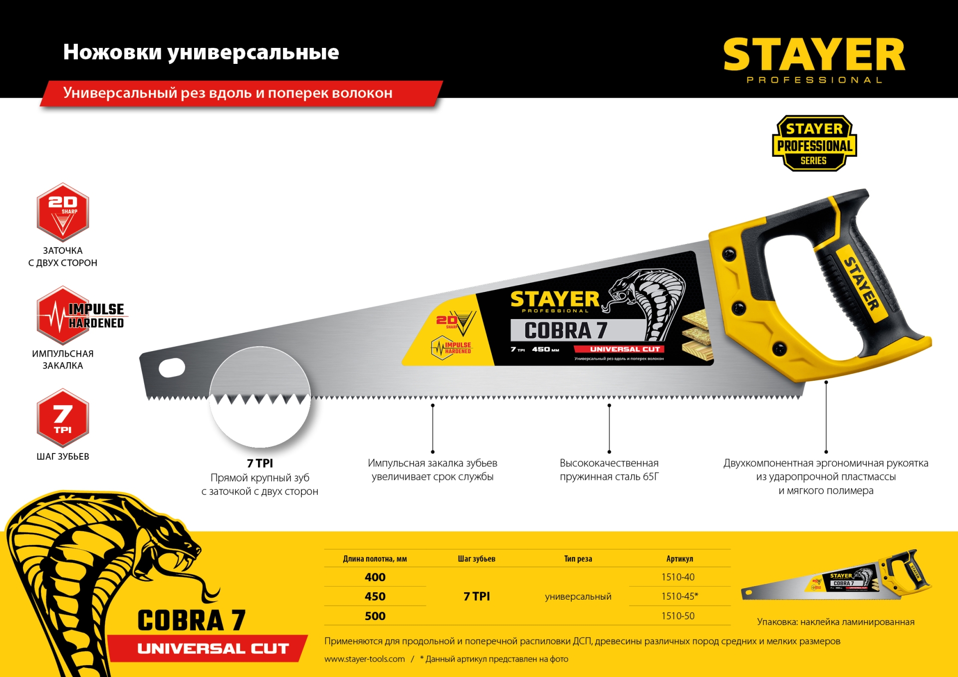 STAYER Cobra 7, 450 мм, универсальная ножовка, Professional (1510-45) — фото 7
