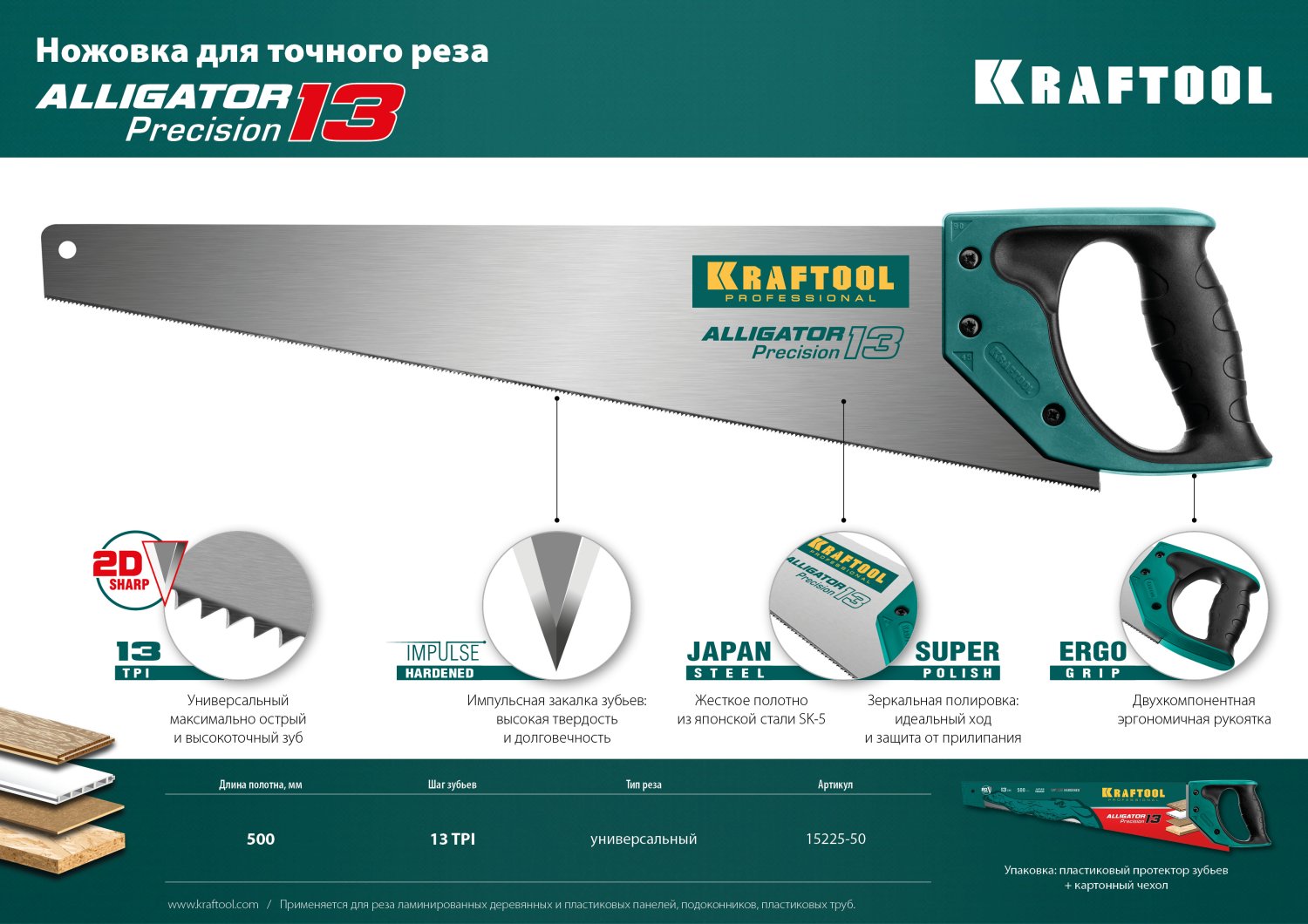 KRAFTOOL Alligator Precision 13, 500 мм, ножовка для точного реза (15225-50) — фото 9