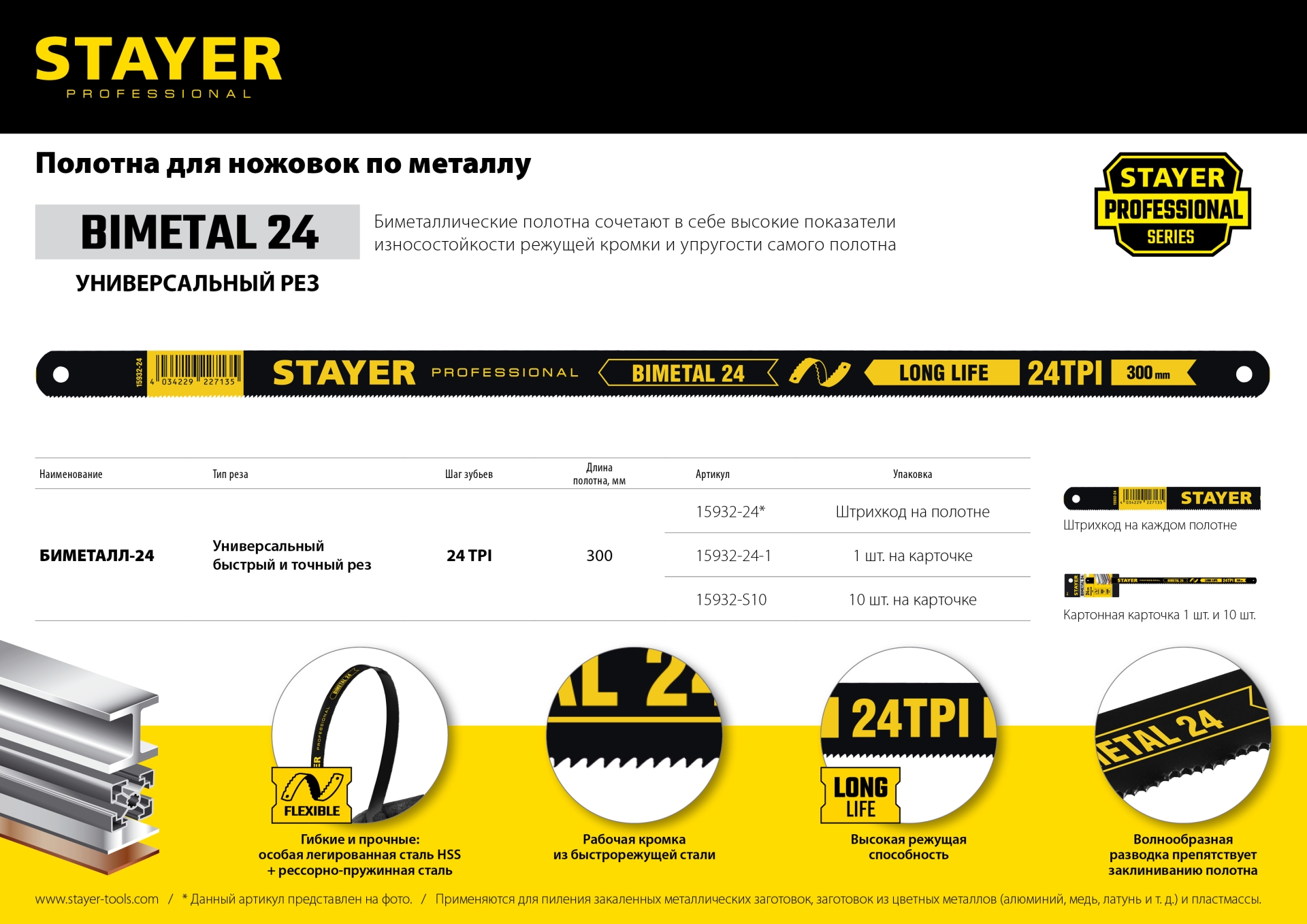 STAYER Bimetal-24, 24 TPI, 300 мм, 1 шт, биметаллическое полотно по металлу, Professional (15932-24-1) — фото 5
