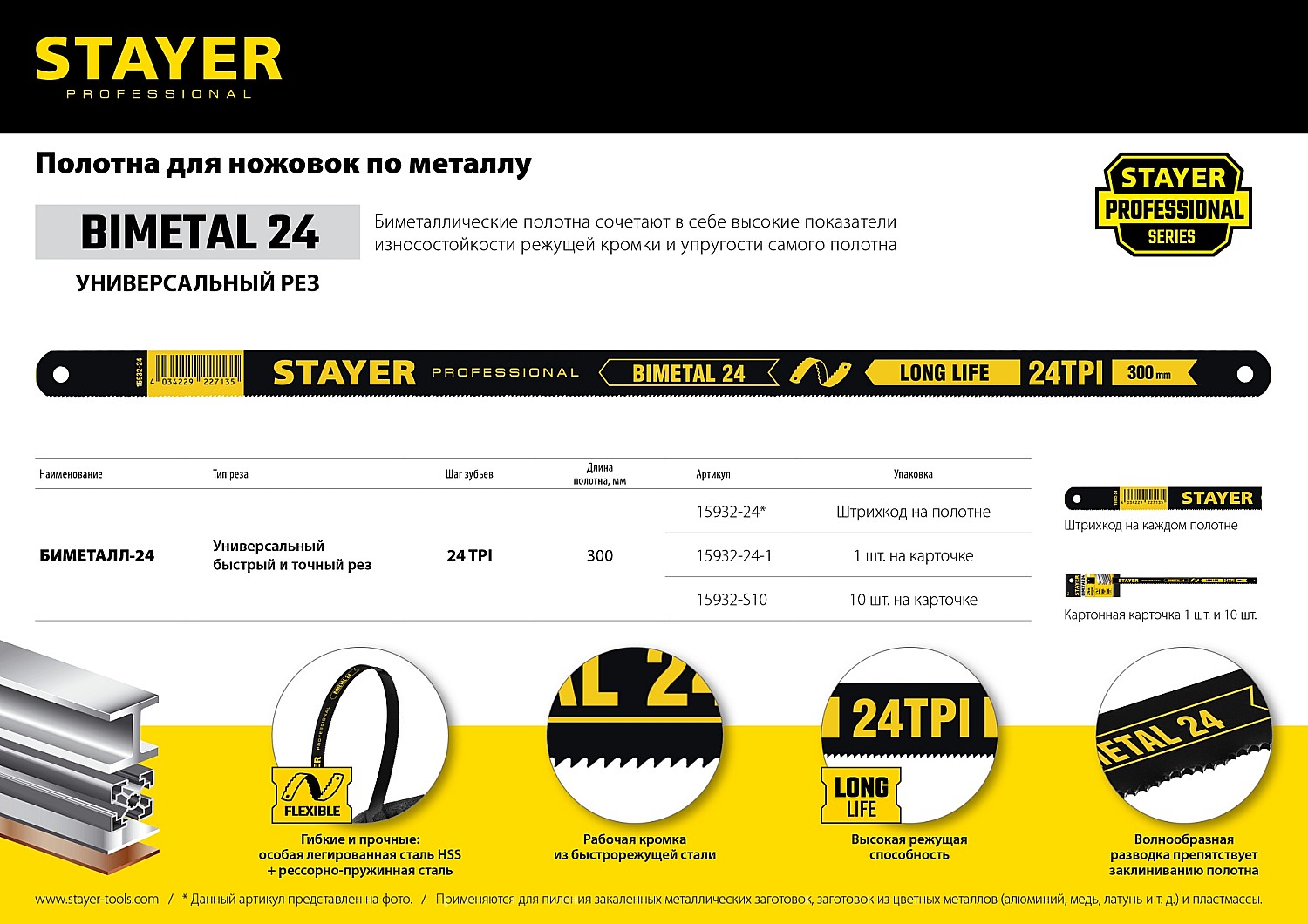 STAYER Bimetal-24, 24 TPI, 300 мм, 1 шт, биметаллическое полотно по металлу, Professional (15932-24) — фото 5