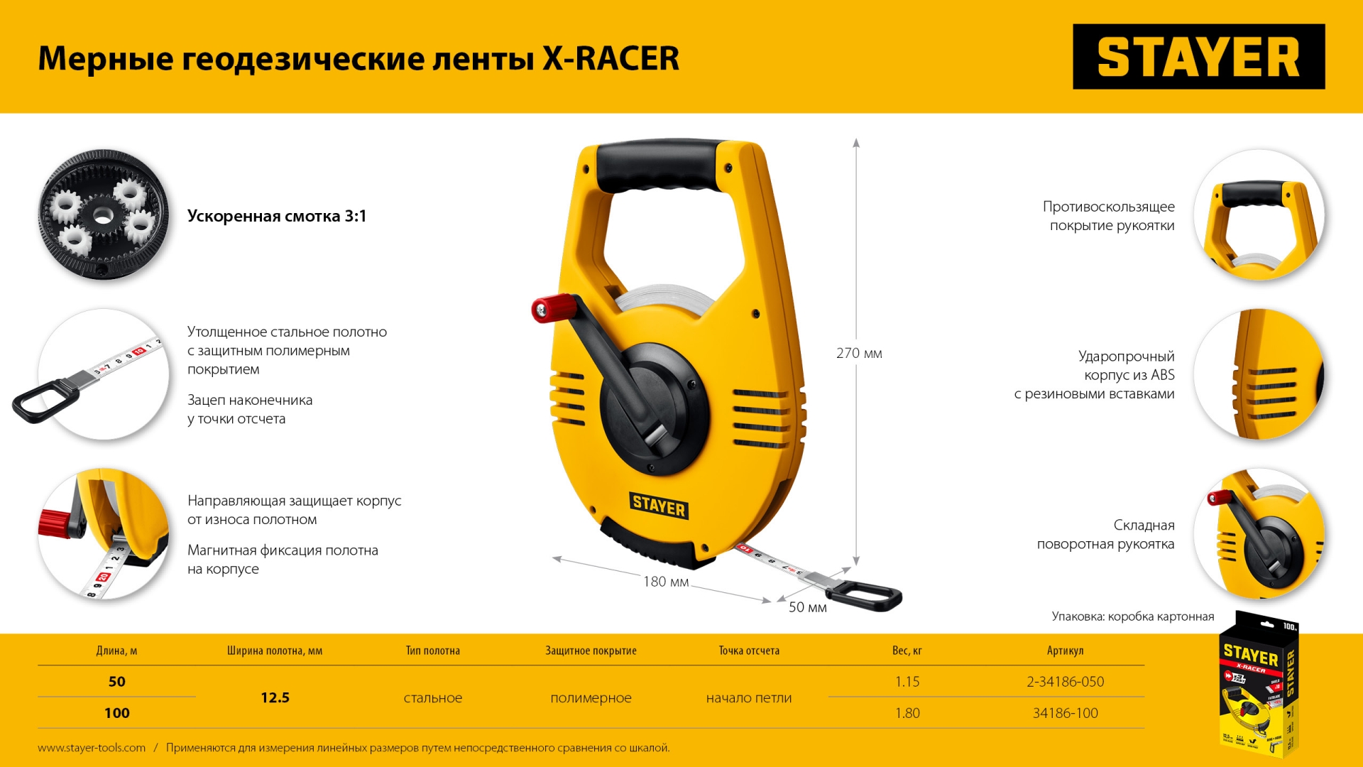 STAYER Racer, 50 м, геодезическая стальная мерная лента, Professional (2-34186-050) — фото 3