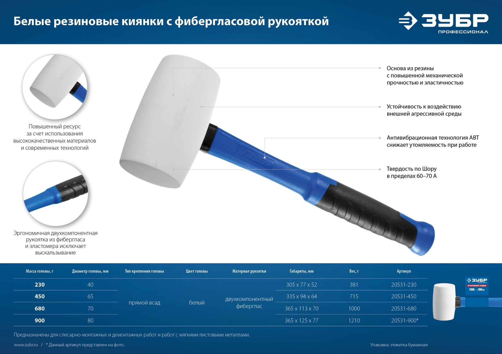 ЗУБР 680 г, белая, резиновая киянка, Профессионал (20531-680) — фото 7
