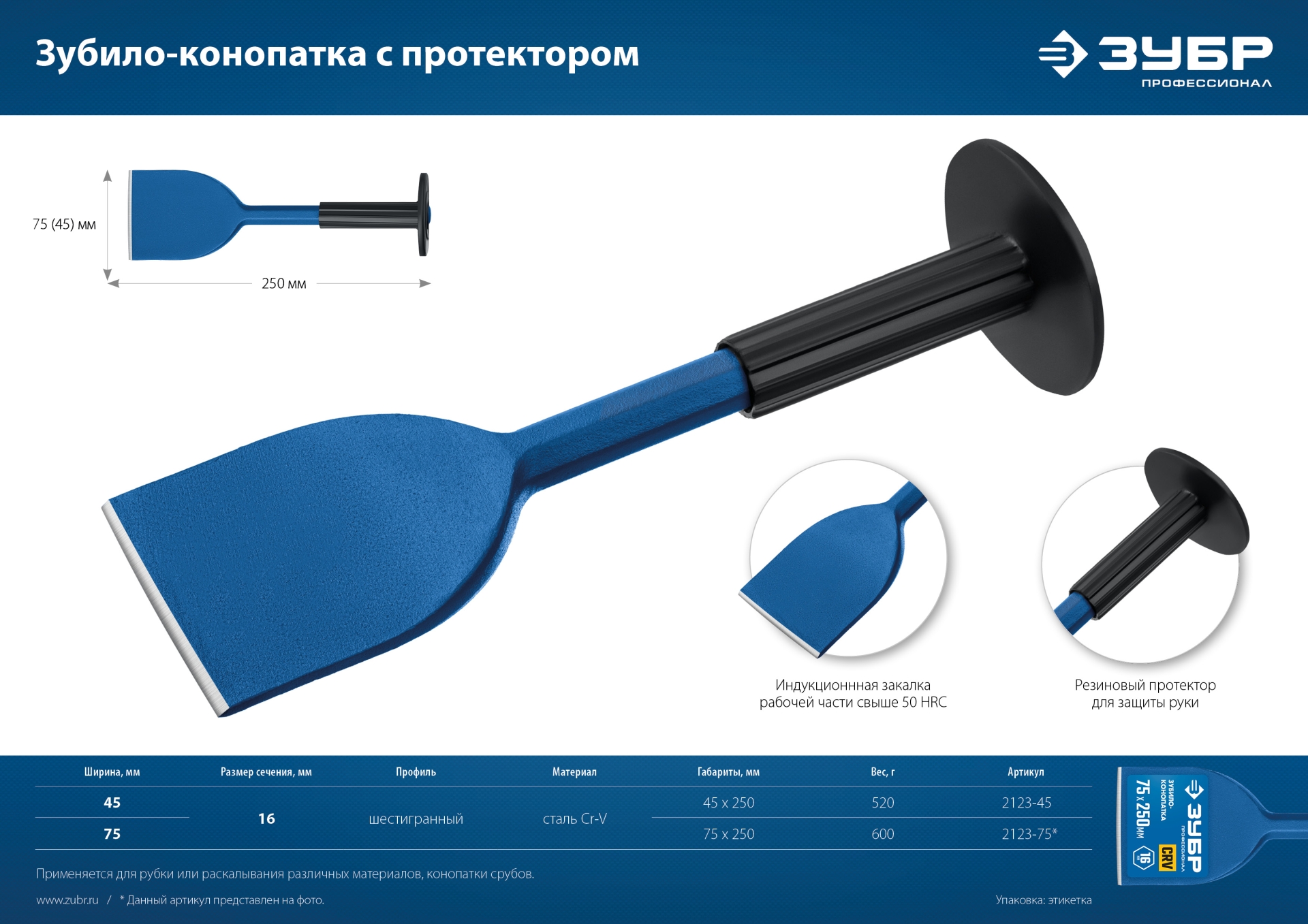 ЗУБР 45 х 250 мм, зубило-конопатка с протектором, Профессионал (2123-45) — фото 8