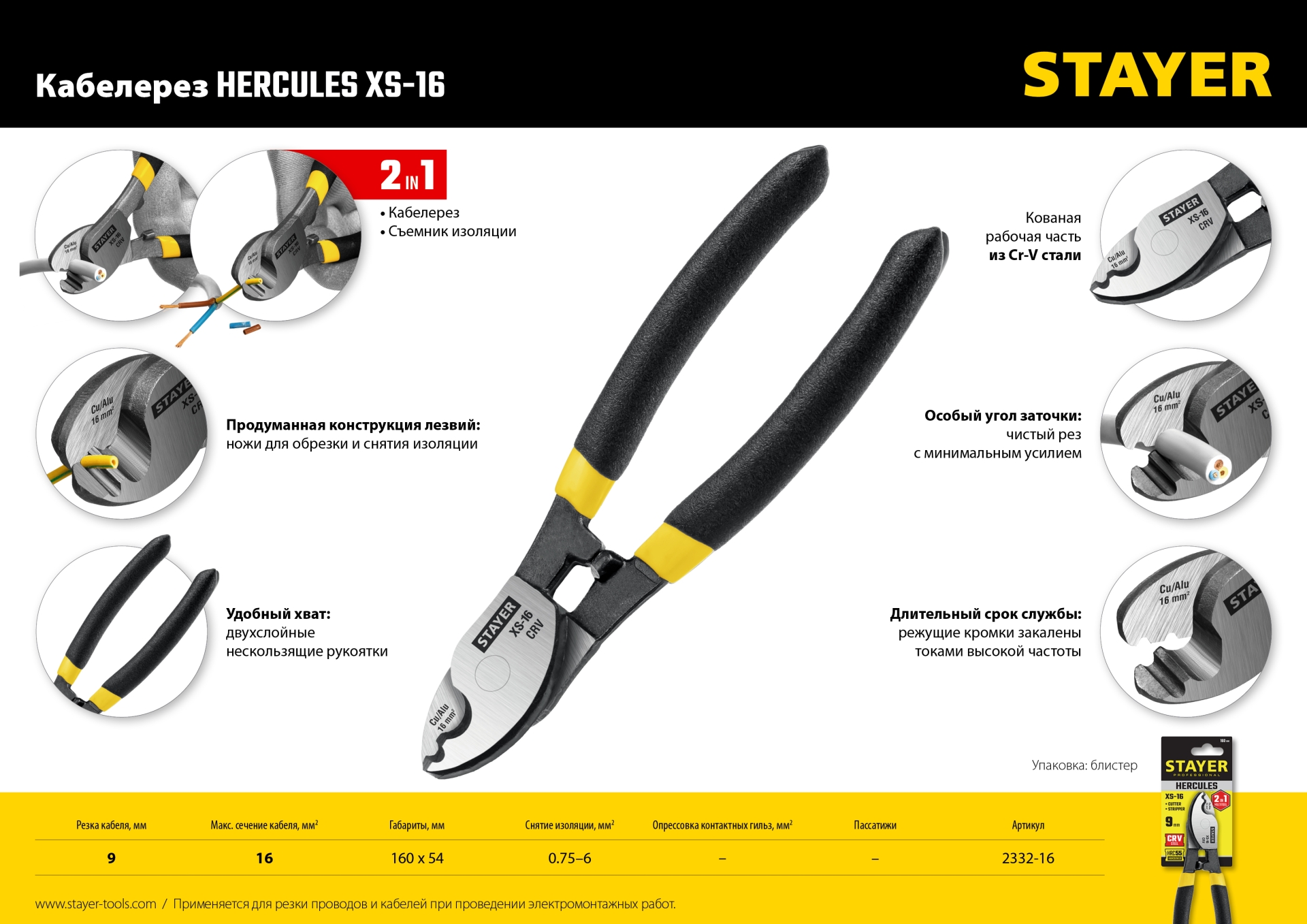 STAYER Hercules XS-16, 9мм, 160 мм, кабелерез, Professional (2332-16) — фото 5