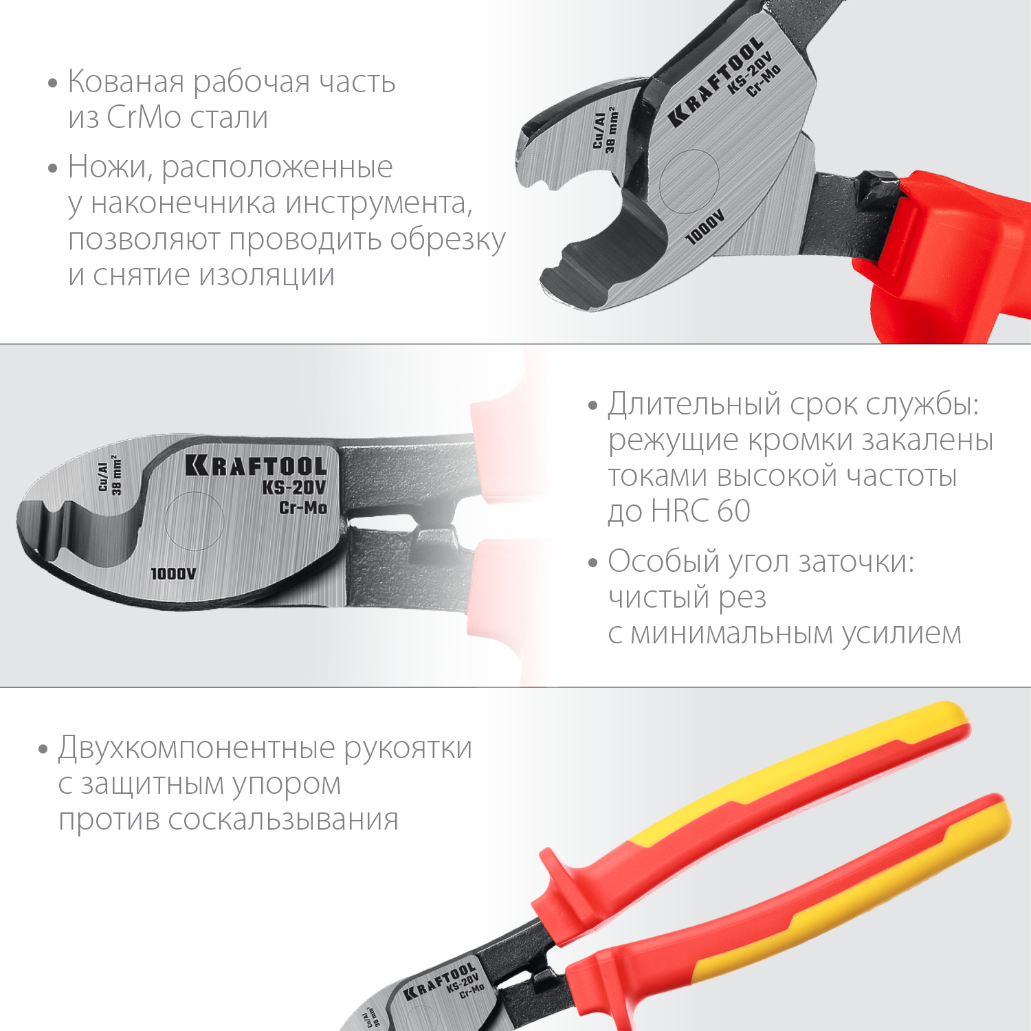 KRAFTOOL KS-20V, 1000 В, d 11мм, 200мм, диэлектрический кабелерез (23333-20V) — фото 3