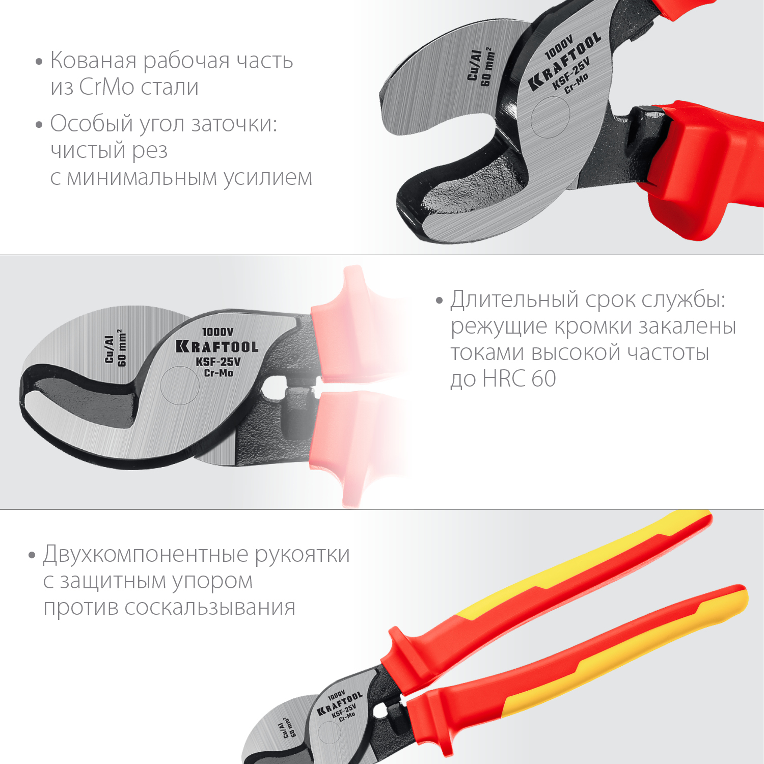 KRAFTOOL KSF-25V, d 13 мм, 250 мм, VDE, 1000 В, усиленный, диэлектрический кабелерез (23334-25V) — фото 3
