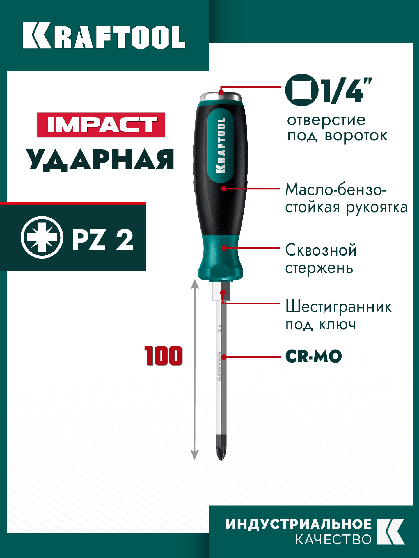 KRAFTOOL IMPACT PZ 2, сквозной стержень Cr-Mo, Ударная отвертка (250035-2) — фото 2