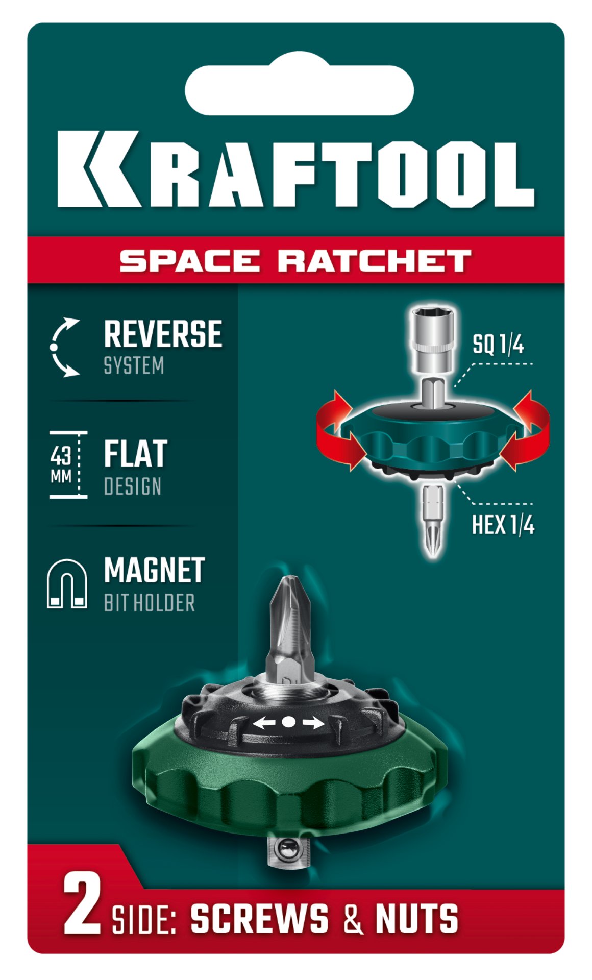 KRAFTOOL SPACE Ratchet суперкомпактная реверсивная трещотка для бит и головок (25890) — фото 10