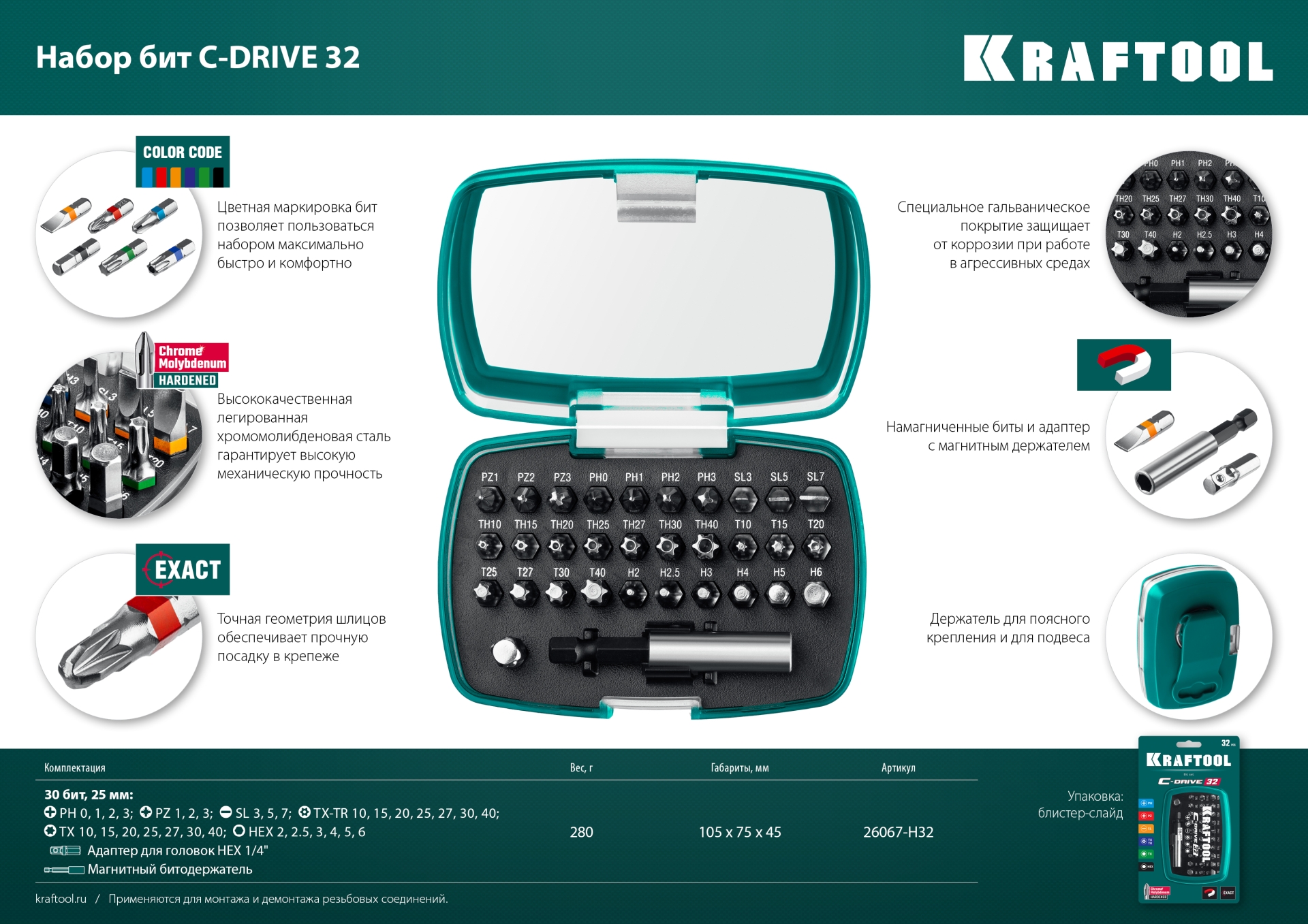 KRAFTOOL C-Drive 32, 32шт, набор многофункциональных бит (26067-H32) — фото 13