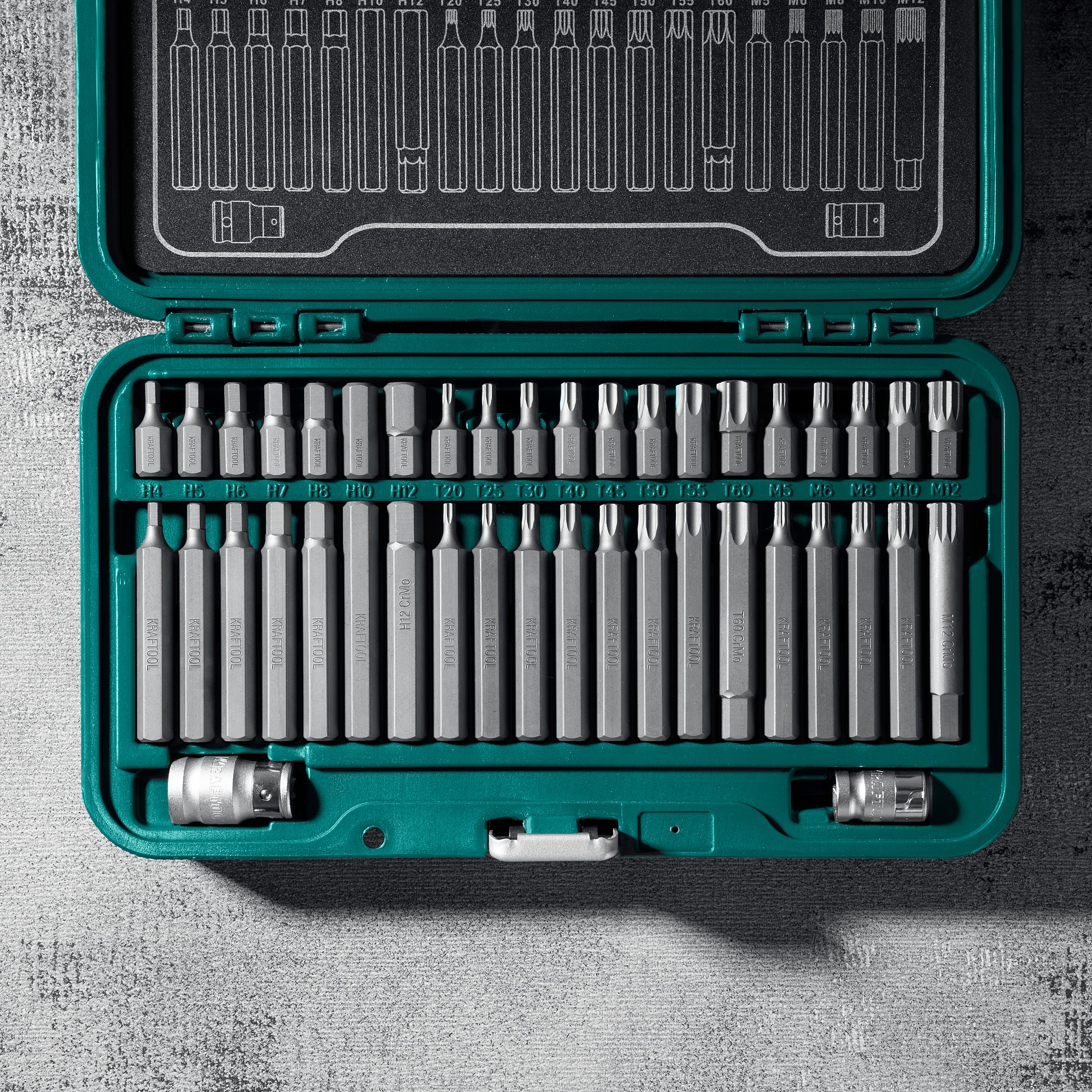 KRAFTOOL THS-42, 42 шт (HEX, TX, SPLINE) хвостовик 10 мм под квадрат 1/2″ набор специальных бит (26554) — фото 3