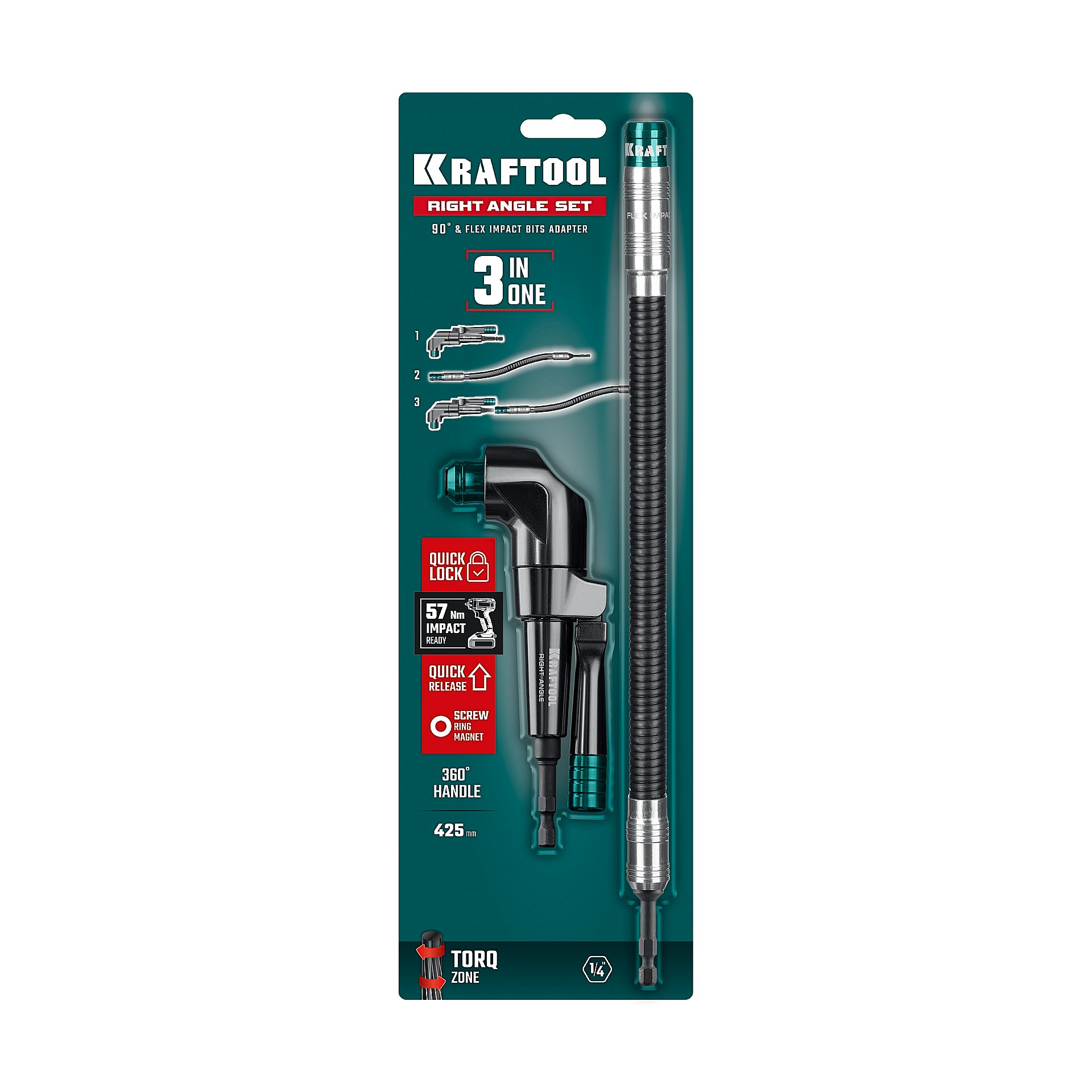 KRAFTOOL RIGHT ANGLE SET, 2 шт, 140 мм, 425 мм, набор: угловая ударная насадка + гибкий ударный адаптер (26778) — фото 4