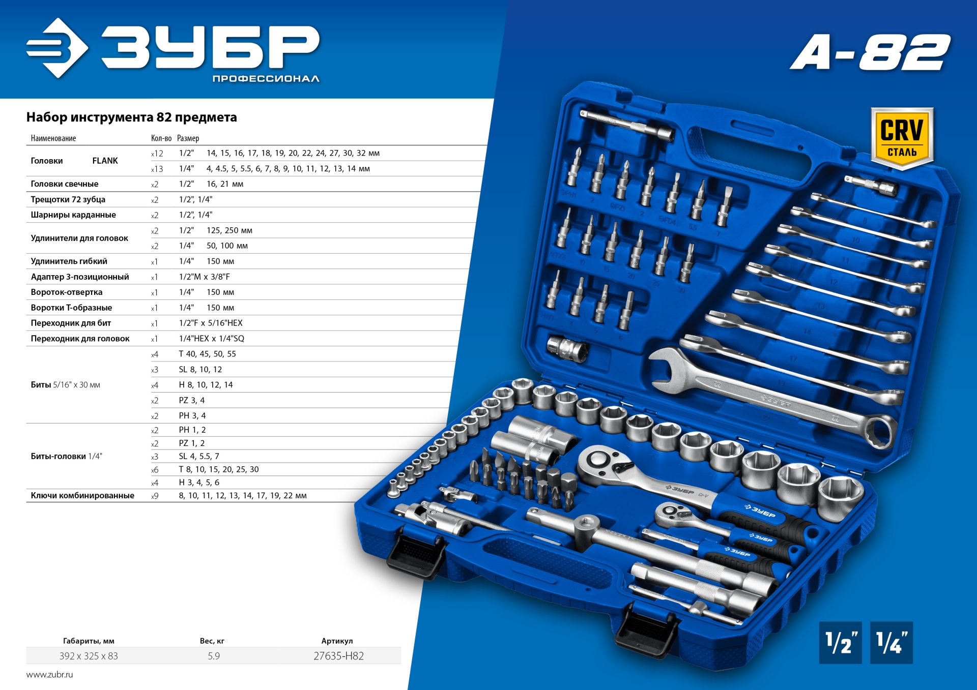 ЗУБР А-82, 82 предм.,(1/2″ + 1/4″), универсальный набор инструмента, Профессионал (27635-H82) — фото 13
