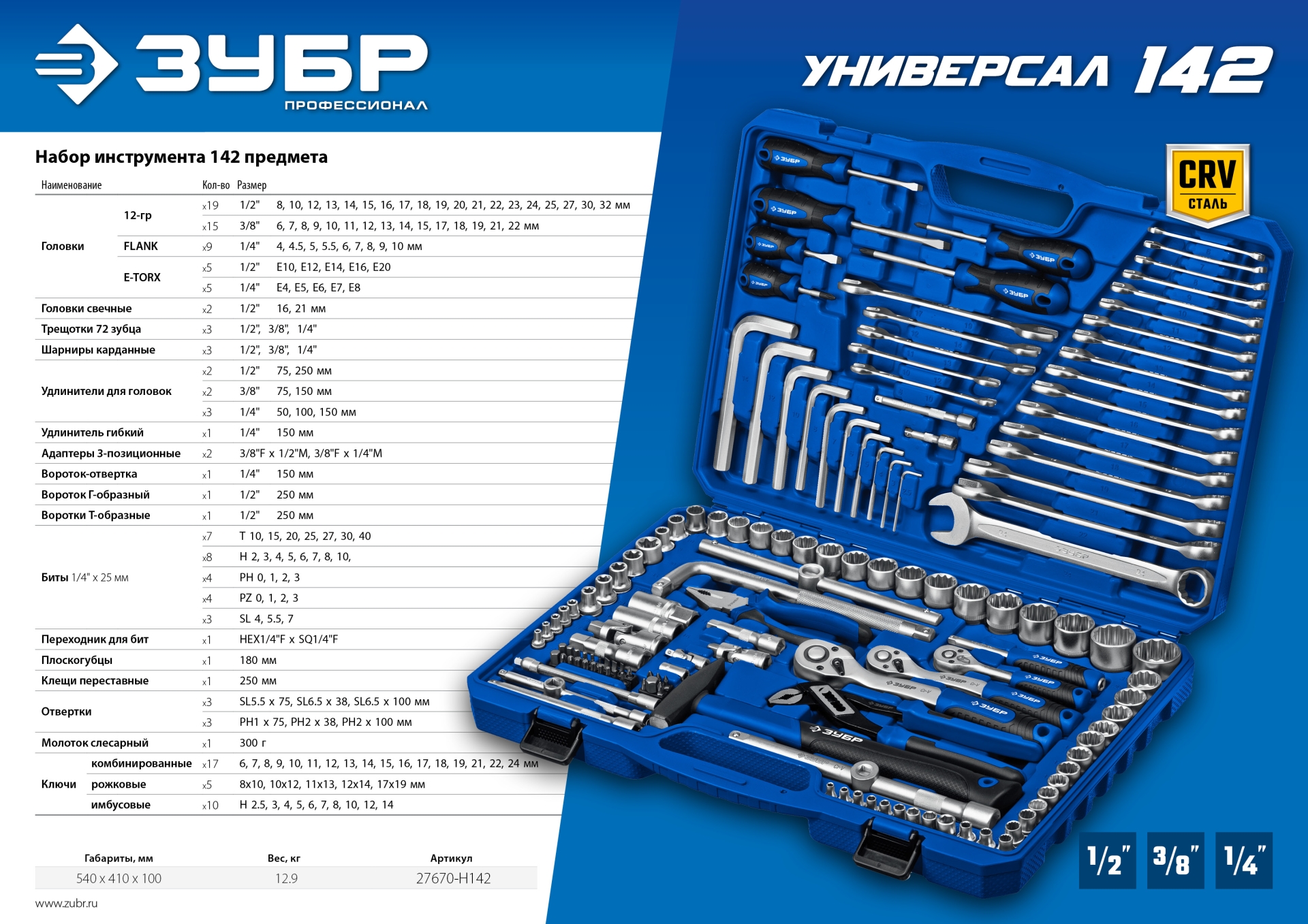 ЗУБР Универсал-142, 142 предм., (1/2″+ 3/8″+ 1/4″), универсальный набор инструмента, Профессионал (27670-H142) — фото 13