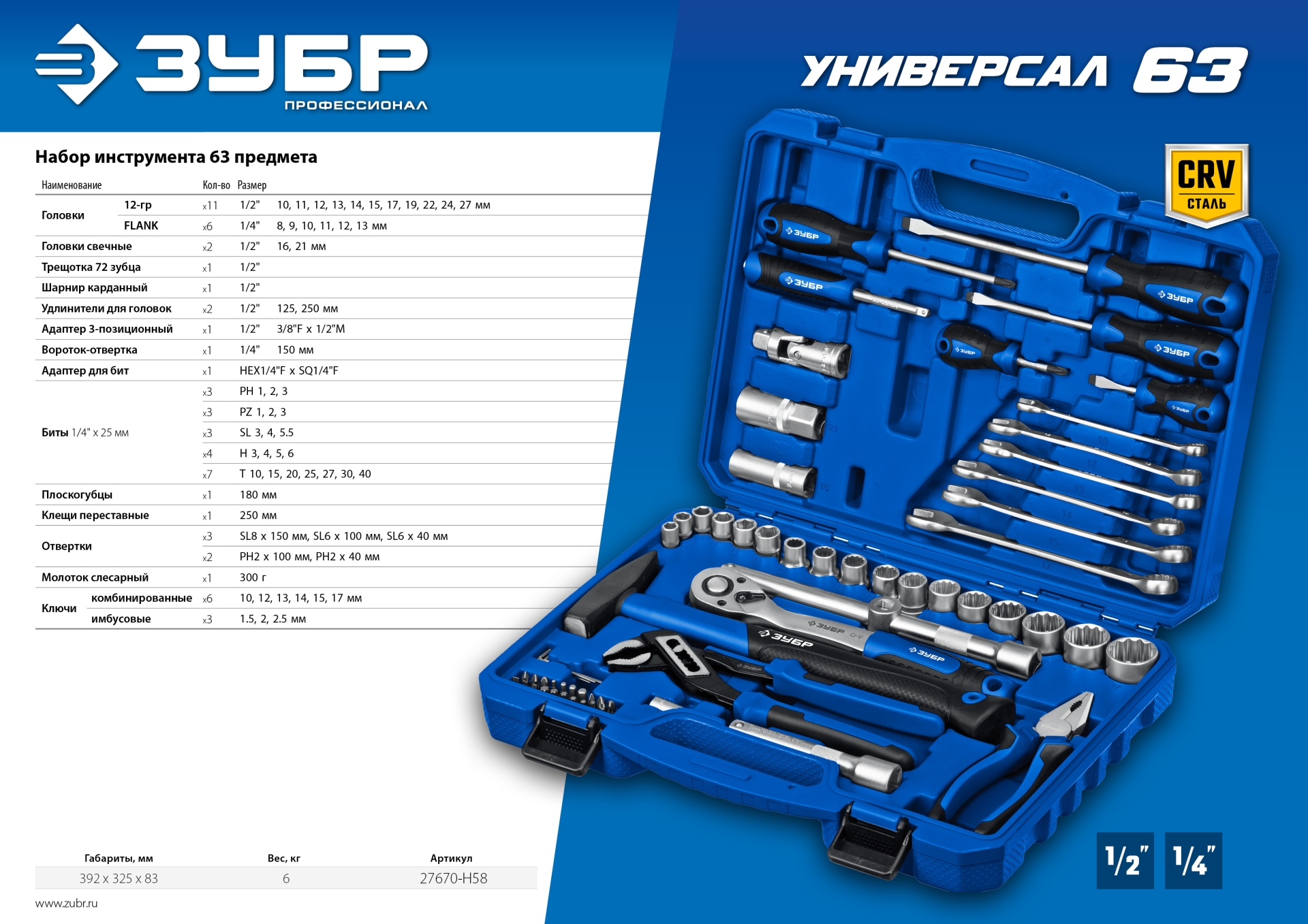 ЗУБР Универсал-63, 63 предм., (1/2″+ 1/4″), универсальный набор инструмента, Профессионал (27670-H58) — фото 13