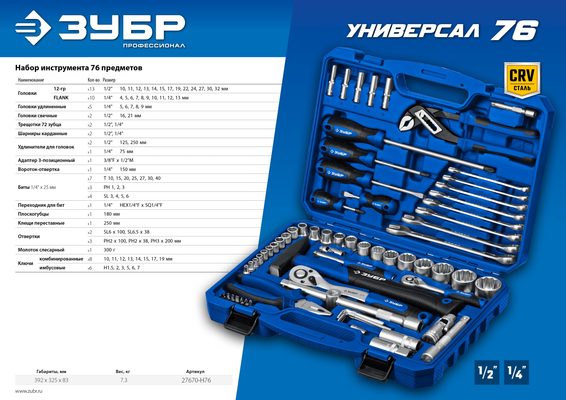 ЗУБР Универсал-76, 76 предм., (1/2″+ 1/4″), универсальный набор инструмента, Профессионал (27670-H76) — фото 12