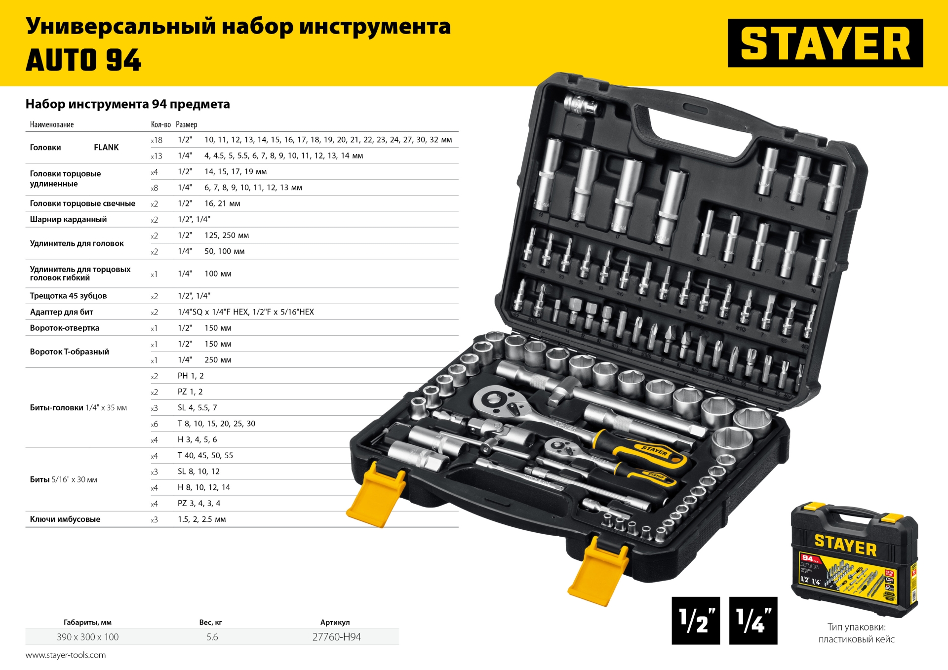 STAYER AUTO 94, 94 предм., (1/2″+1/4″), универсальный набор инструмента, Professional (27760-H94) — фото 13
