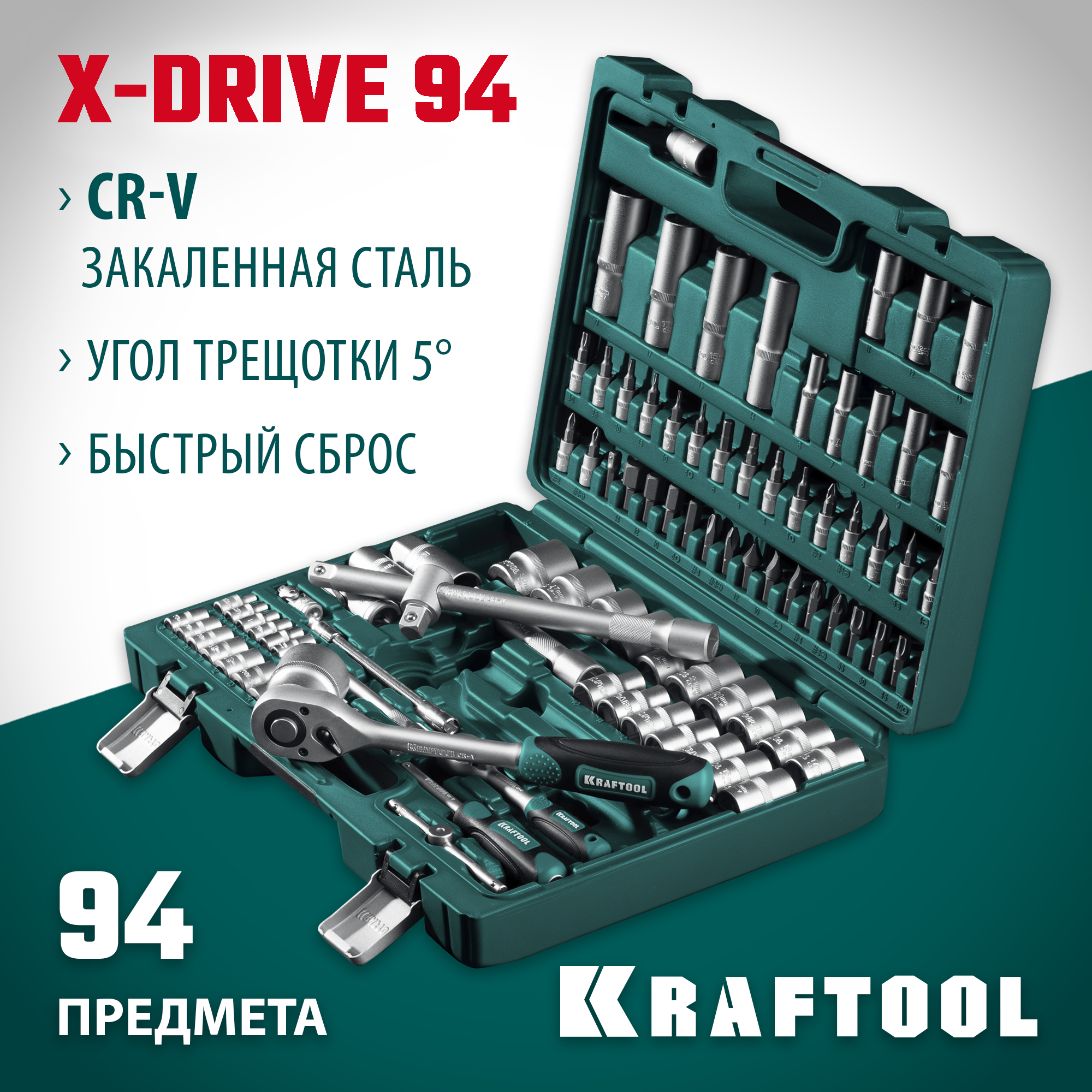 KRAFTOOL X-Drive 94, 94 предм., (1/2″+1/4″), универсальный набор инструмента (27883-H95) — фото 2